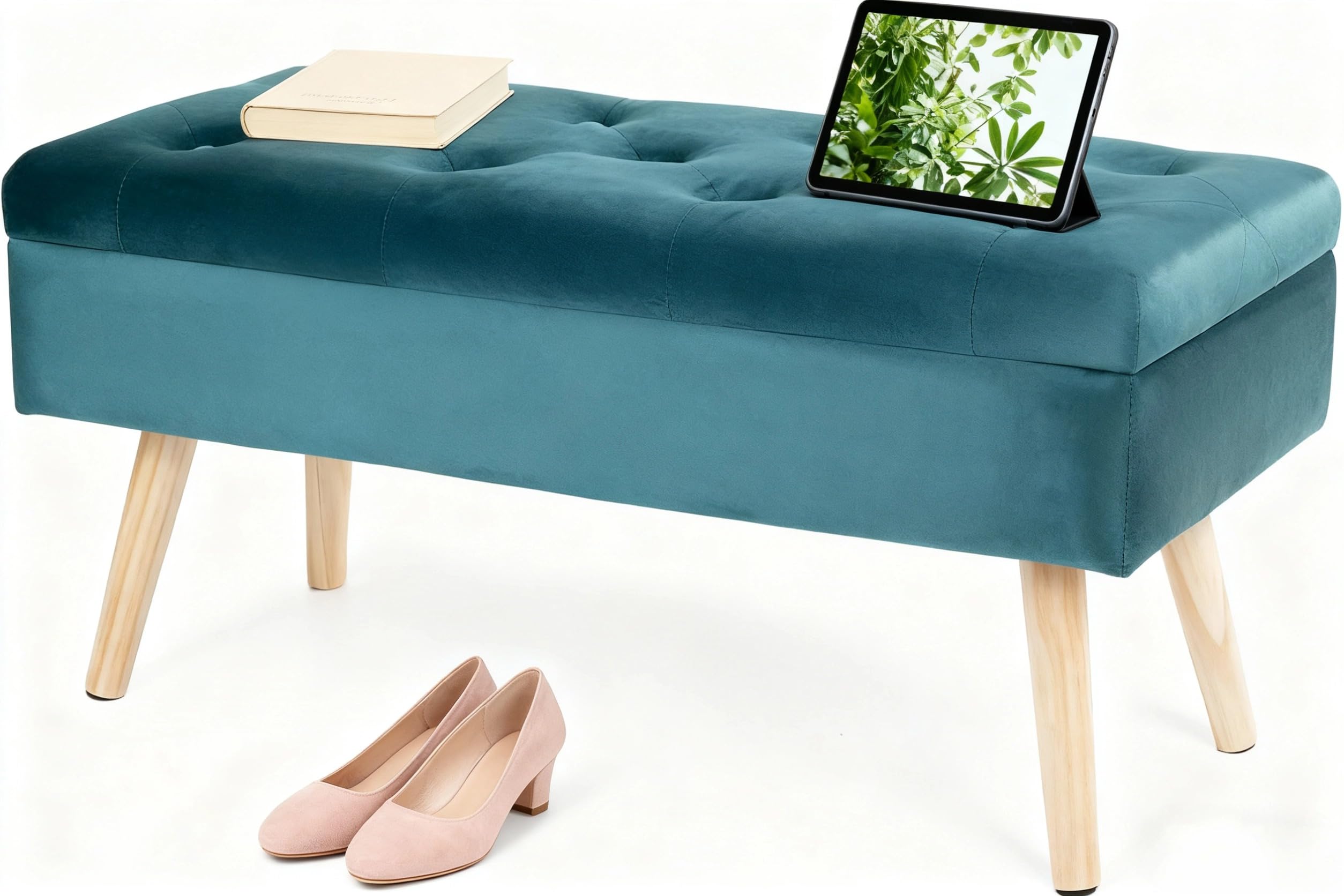 Hawthyhome Gepolstert Sitzbank mit Stauraum, Polsterbank mit samten Aufbewahrungsbox, Fußhocker mit Holzbeine für Flur Wohnzimmer Schlafzimmer 80 × 35 × 43 cm