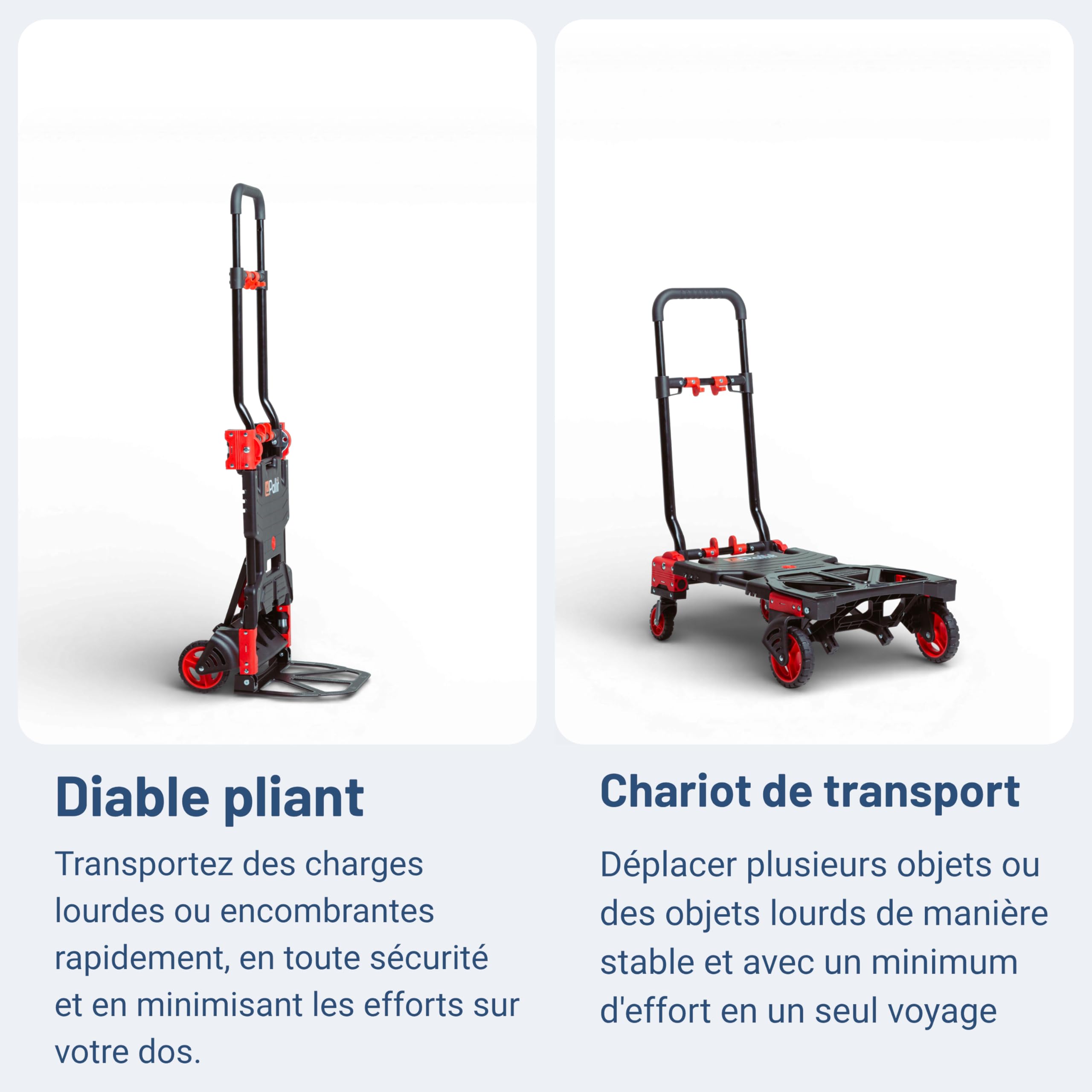 Pallit Diable Pliant 2 en 1 - Chariot Pliable à roulettes et de Transport | Chariot de manutention robuste en acier convertible en plateau roulant, idéal pour déménagement, atelier et charges lourdes