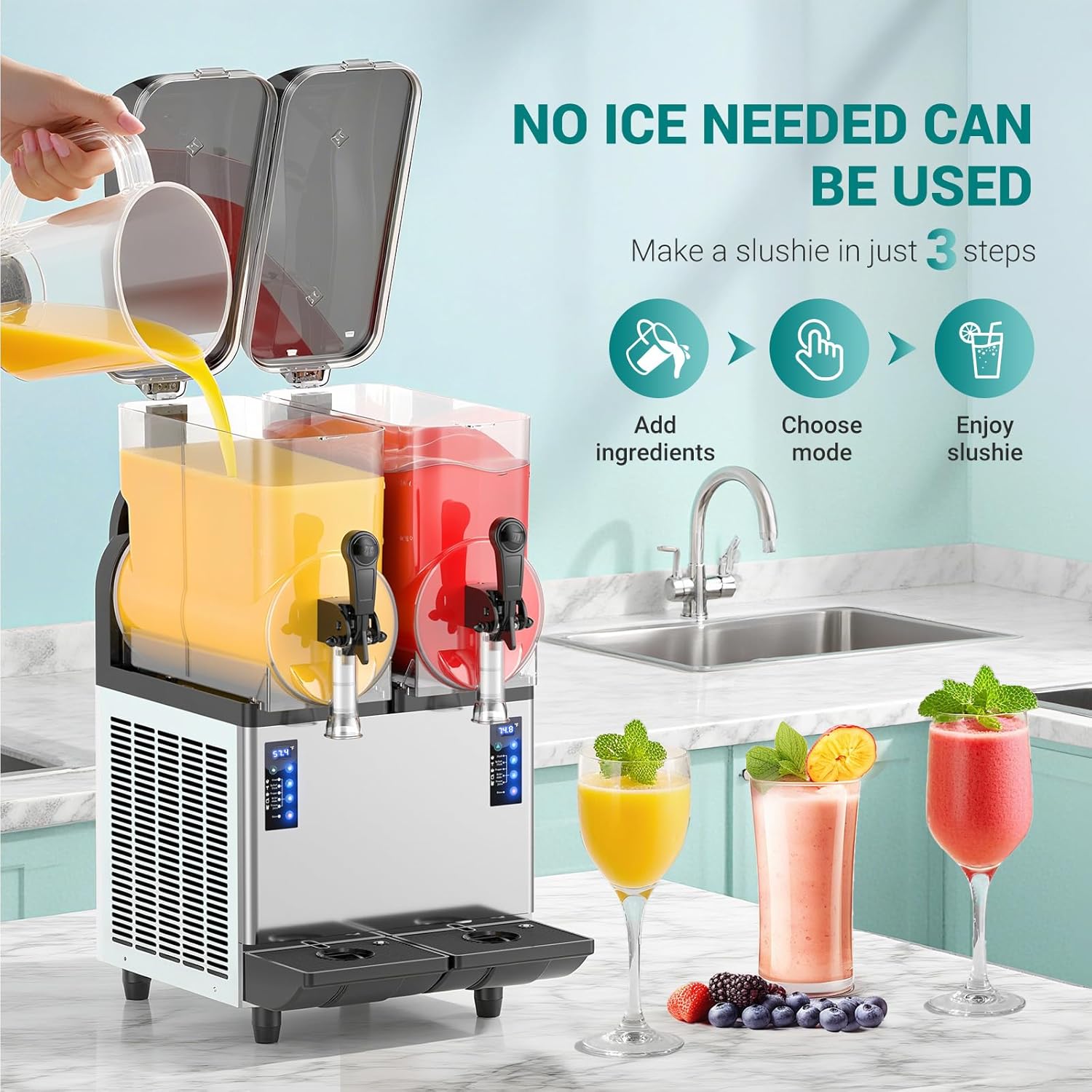 Mirfee Slushy Machine showing ingredients being added to the tanks