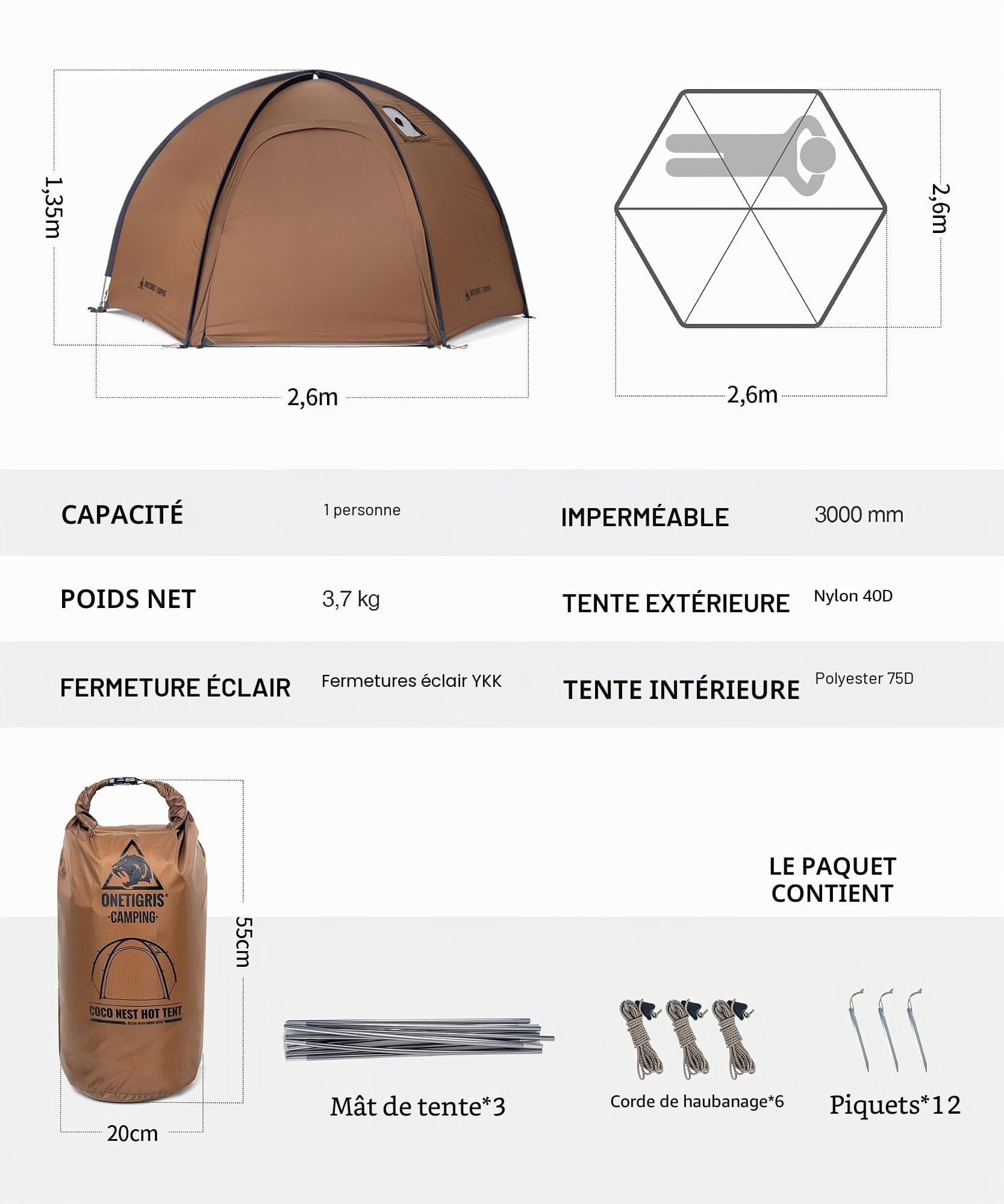 OneTigris Coco Nest Tente dôme avec ouverture pour cheminée, tente chaude avec moustiquaire intérieure pour 1 personne, tente de camping étanche 3000 mm, pour solocamping, randonnée et plein air