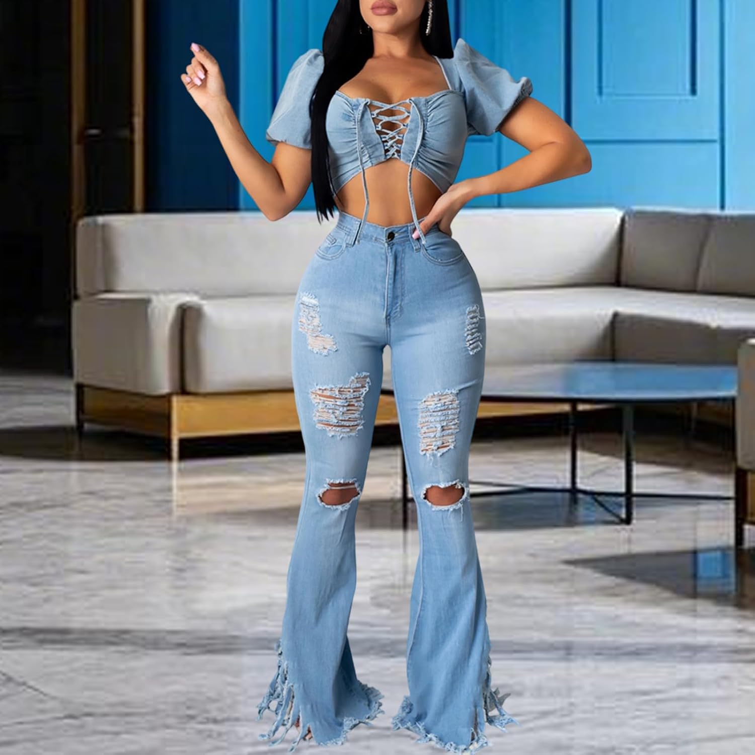 70s Bell Bottom Jeans for Women Elastic High Waisted Raw Hem Denim Pants Classic Vintage Flared Jeans - Image 7