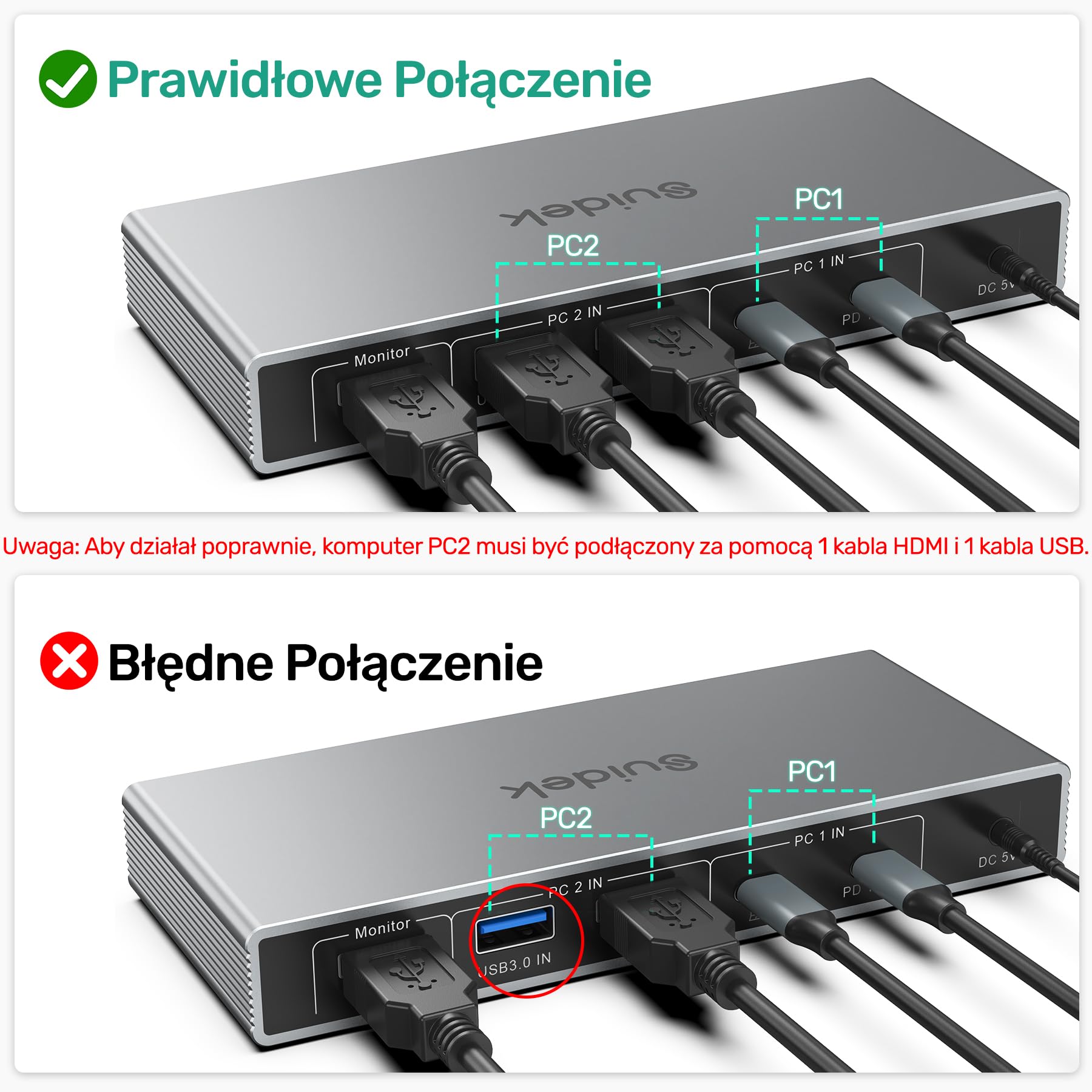 SUIDEK Przełącznik KVM USB-C+HDMI 2 w 1 wyjście 4K@60Hz Aluminium z portami USB 3.0 do podłączenia 1 laptopa i 1 komputera stacjonarnego 1 monitor, klawiatura, mysz i drukarka