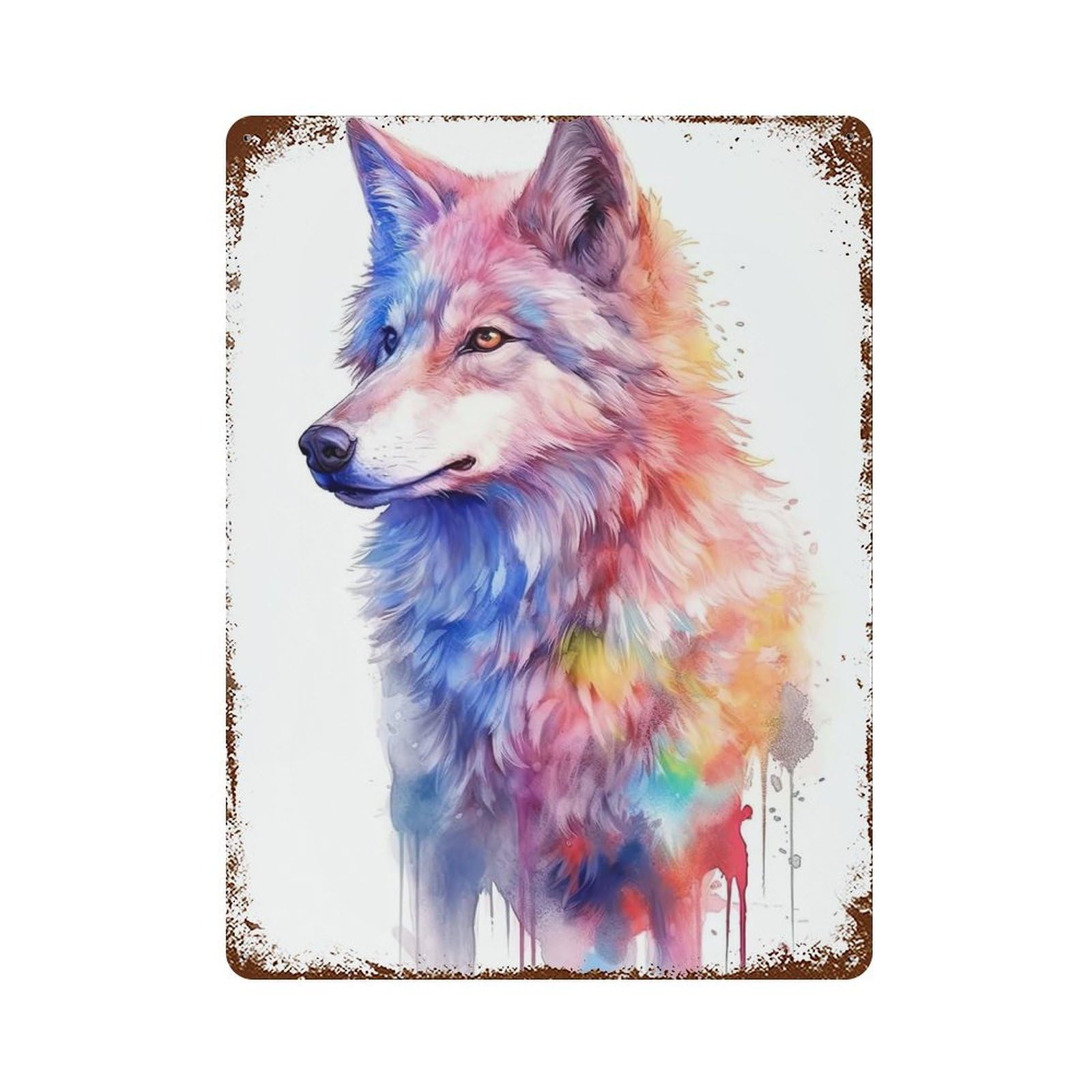 Garage Style Watercolor Wolf Painting Distressed Metal Wall Sign 15.7"x11.8", Farmhouse Wall Decor for Bar And Workshop