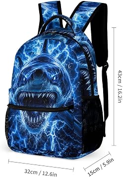 3PCS Lightning Cool Shark Backpack Set, Lightweight Durable Laptop Bag with Lunch Bag, 17 Inch Large Capacity Multi-Pocket Daypack for Travel(Lightning Shark)