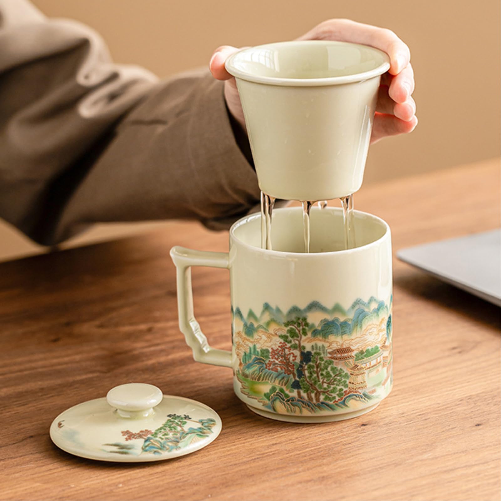 354ml/12oz Tajny żółty szkliwiony ceramiczny kubek domowe biuro z pokrywką chiński kubek zapobiegający oparzeniom [pudełko] -354 ml