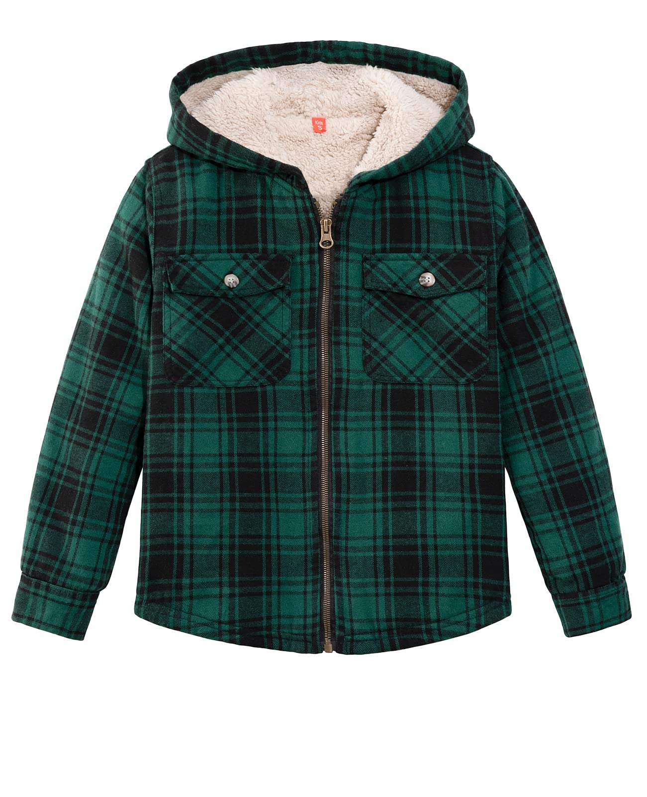 ZENTHACE Boys Sherpa Lined Full Zip Flannel Plaid Shirt Jacket,Cozy Hooded Flannel Shirt with Hand Pockets