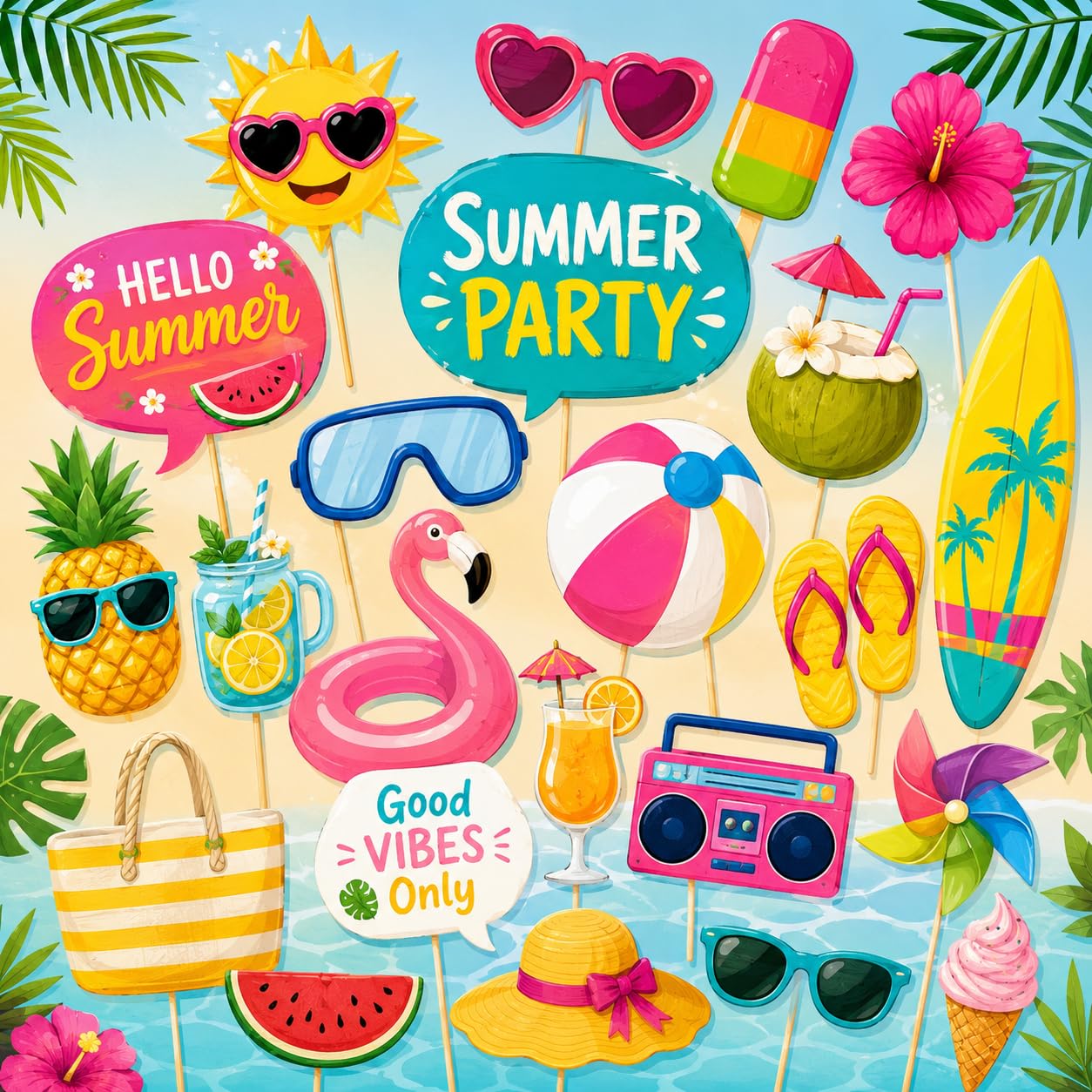 Festiko® Summer Party Photo Booth Props Set for Kids & Adults, Tropical Beach Pool Party Selfie Props with Fun Signs, Sunglasses, Ice Cream & Flamingo Theme Decorations (26 Pcs)-image-30
