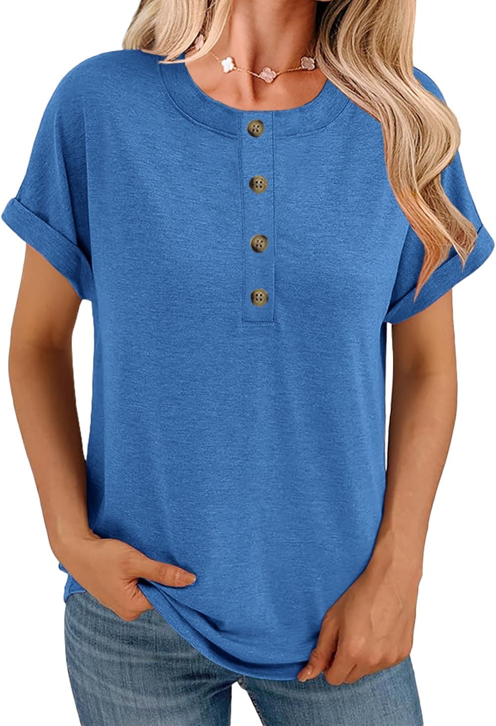 Women Short Sleeve Tunics Crew Neck Dressy Casual Loose Henley Shirts Summer Casual Tops Flowy T-Shirt