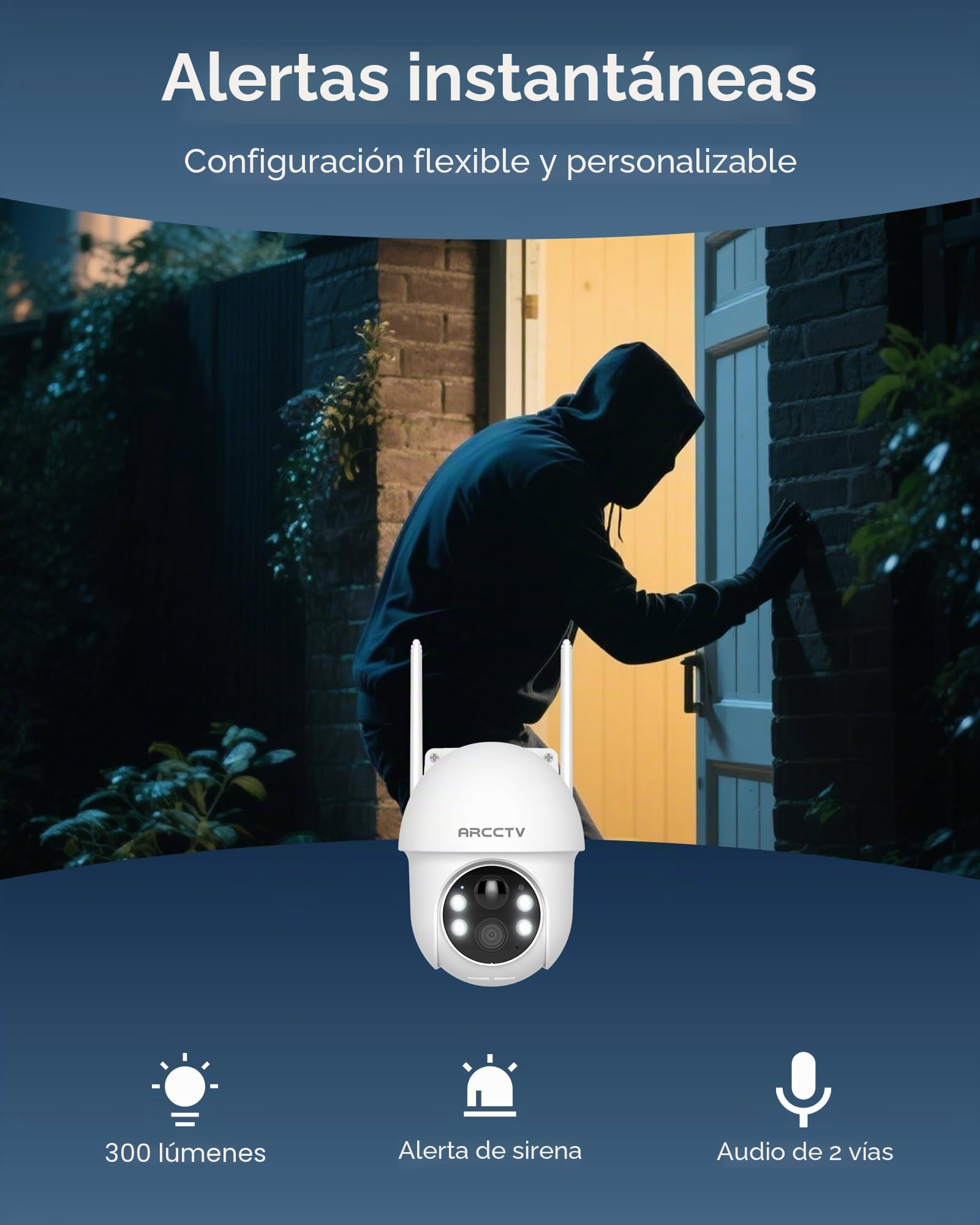 ARCCTV Cámara de Vigilancia Solar para Exteriores 4MP, Cámara con WiFi | Wifi de 2,4/5 GHz, Alarma con Detección de Personas, Visión Nocturna a Todo Color, Audio Bidireccional, Blanco