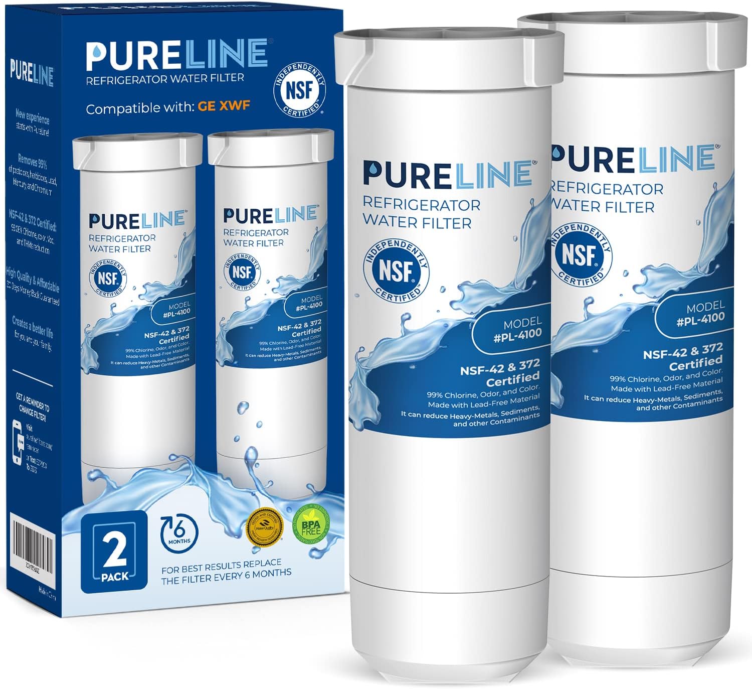Pureline XWF Refrigerator Water Filter, Replacement for GE XWF, NSF-42 and 372 Certified (NOT XWFE) (2 Pack)
