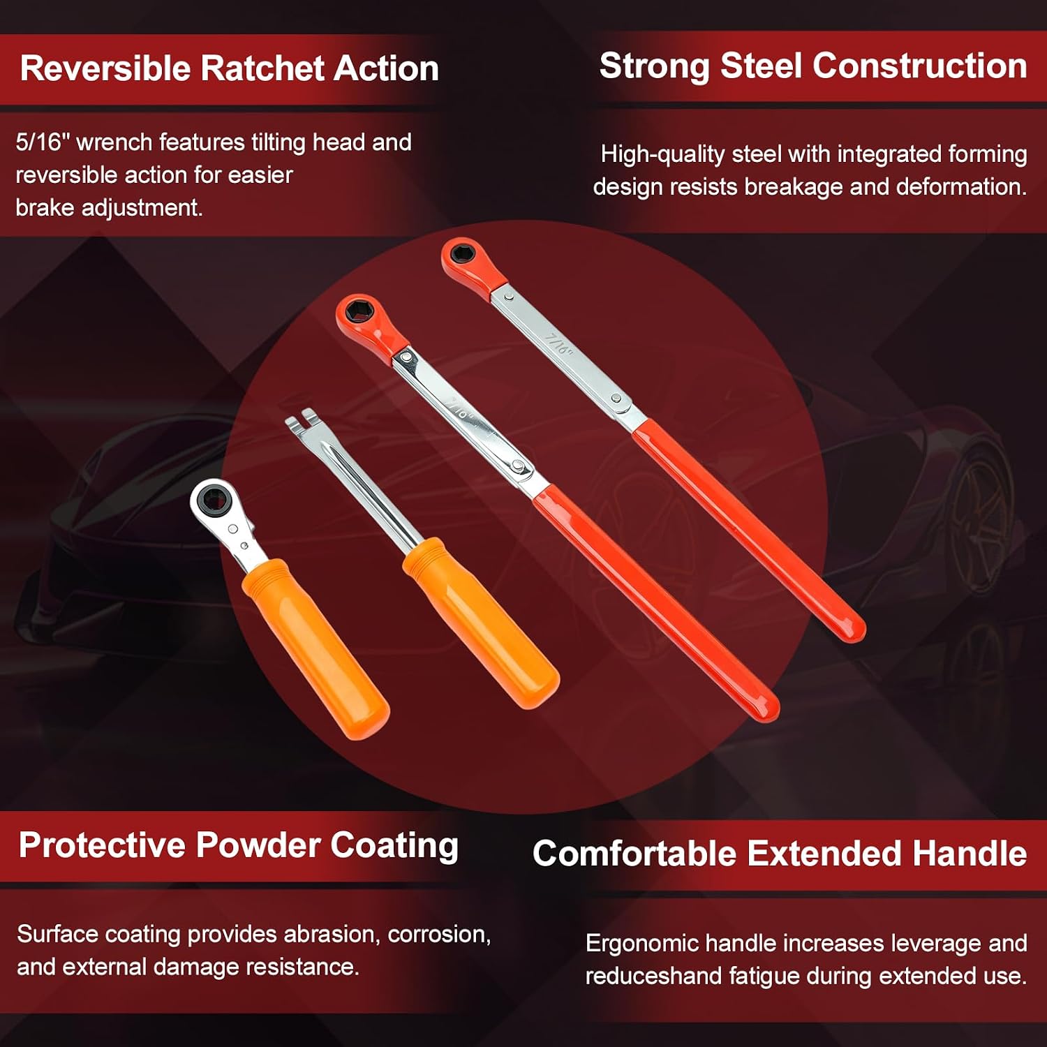 Automatic Slack Adjuster Release Tool Set 4PCS- Includes Fork End Release Tool and 5/16", 7/16", 9/16" Double Square Ratcheting Wrenches