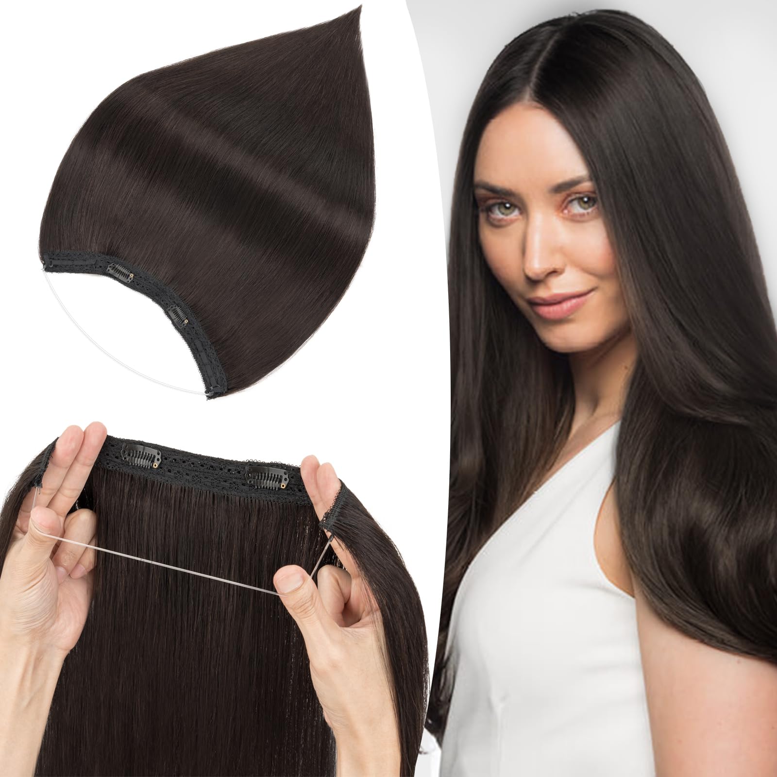 S-noilite Wire Hair Extensions Human Hair Natural Black Invisible Fish Line Hair Extensions Real Hair One Piece Human Hair Extensions 14 Inch 60g