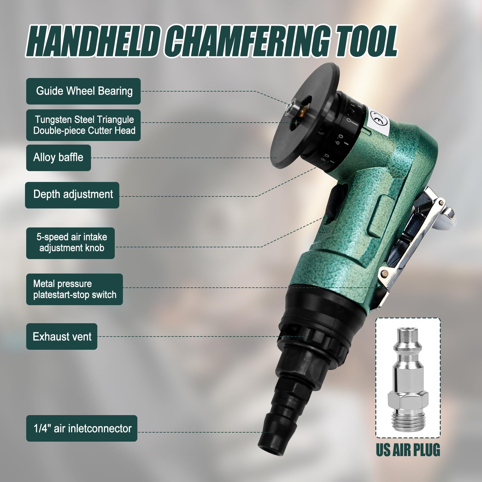 Aluminium Alloy Pneumatic Chamfering Tool Handheld, Pneumatic Deburring Tool,Mini Air Chamfering Trimming Machine for Metal Wood Beveling (Green Air Beveler Grinder & C Angle Blades)