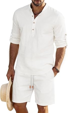 JEMLDL Mens 2 Piece Linen Cotton Set Casual Long Sleeve Cuban Henley Shirt & Shorts Summer Beach Vacation Outfits
