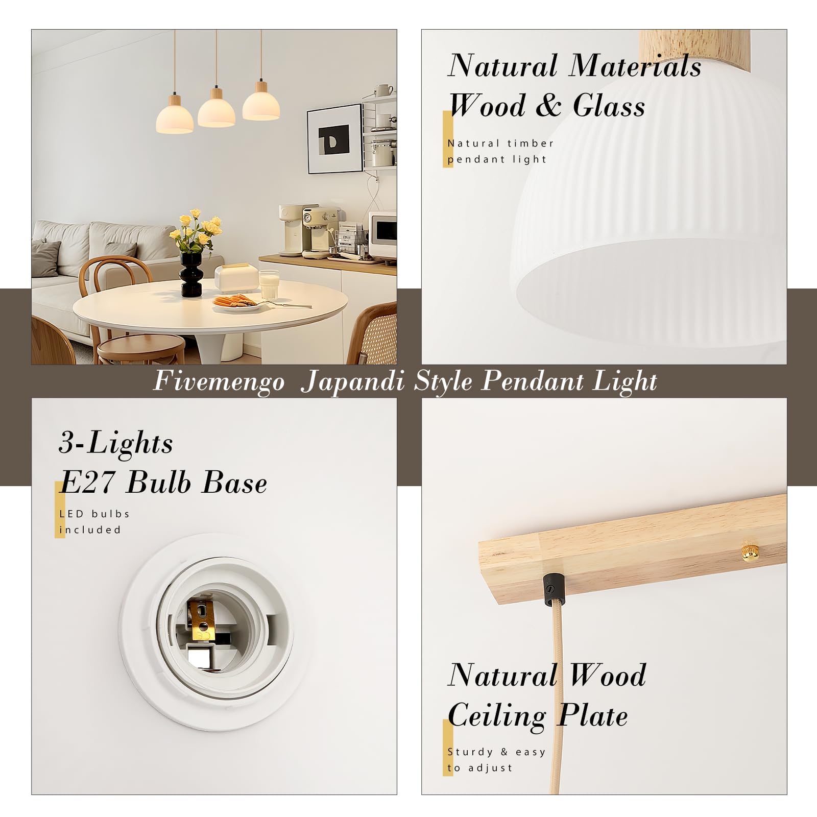 3 LumièRes Suspension Luminaire,Bois Et Verre Blanc Lustre Salon E27 Cuisine Lampe Hauteur RéGlable Vintage Luminaires IntéRieur Pour Chambre Deco