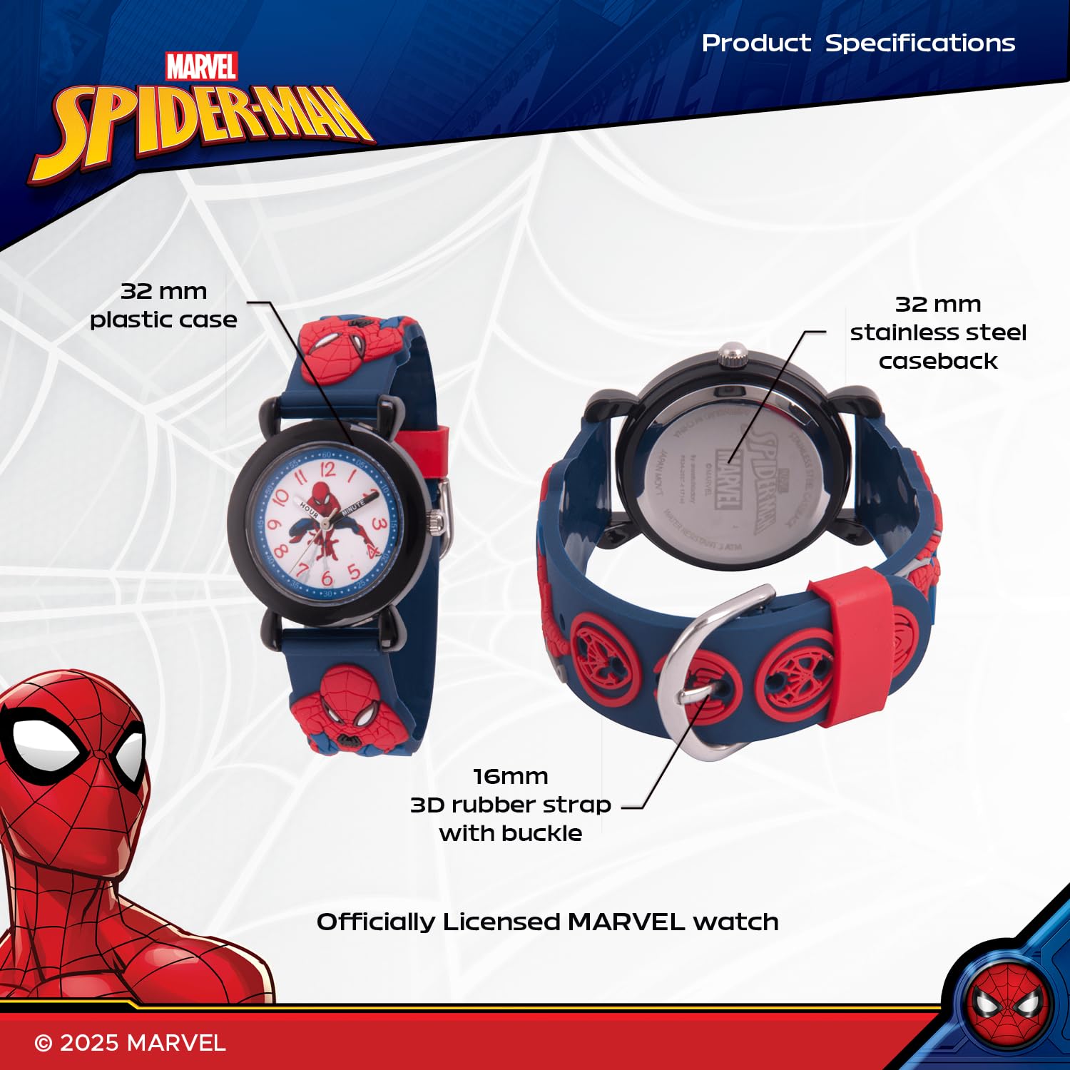Marvel Spider-Man - Orologio analogico al quarzo con cinturino 3D per insegnare l'ora ai bambini, Nero, blu navy, Spider Man - Orologi in plastica 1, cassa nera, cinturino in plastica blu