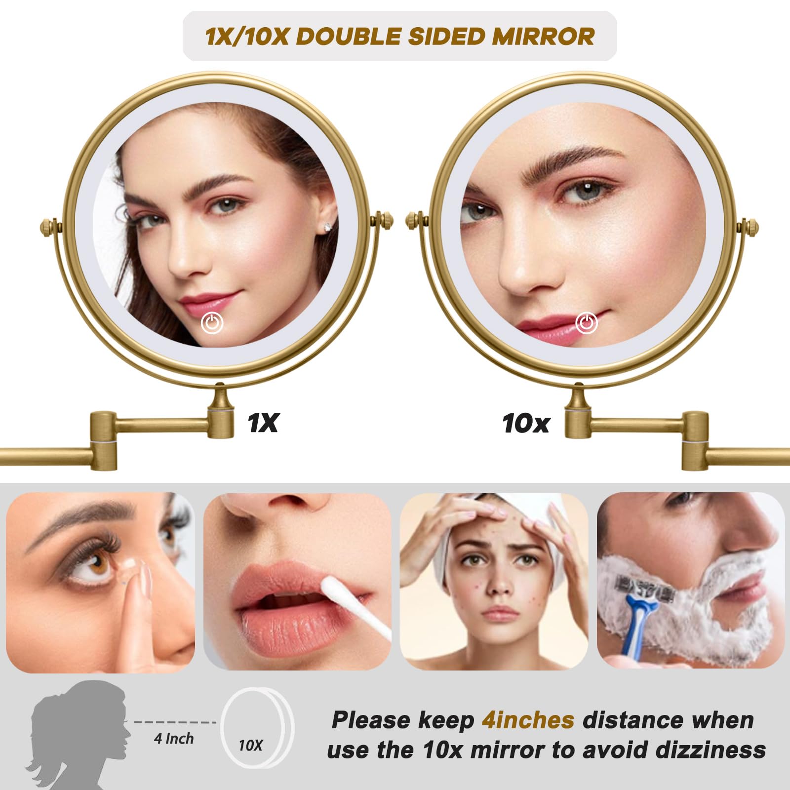 Specchio da trucco illuminato da parete, specchio da trucco ricaricabile da 20,3 cm con ingrandimento a doppia faccia 1X/10X, specchio cosmetico a LED in 3 colori con funzione di memoria