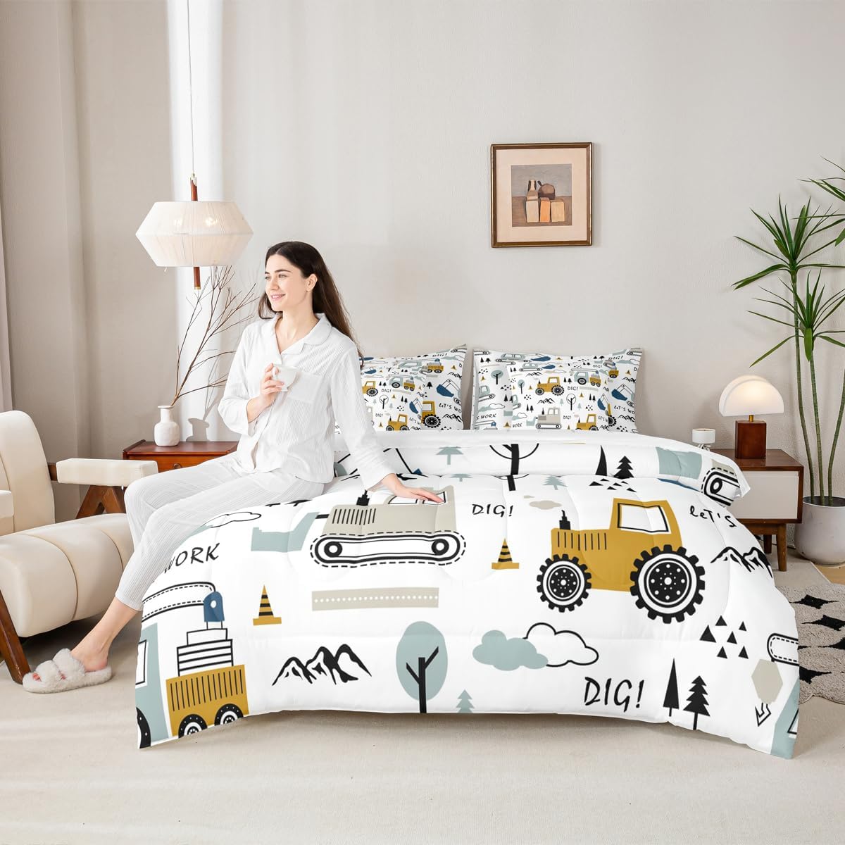 Feelyou Cartoon Car Kids Comforter Set with Sheets 7 Piece Twin Size Construction Bedding Set Boys Decor Equipment Trucks Bed in a Bag Excavator Tractor White Yellow Bed Set Bedroom