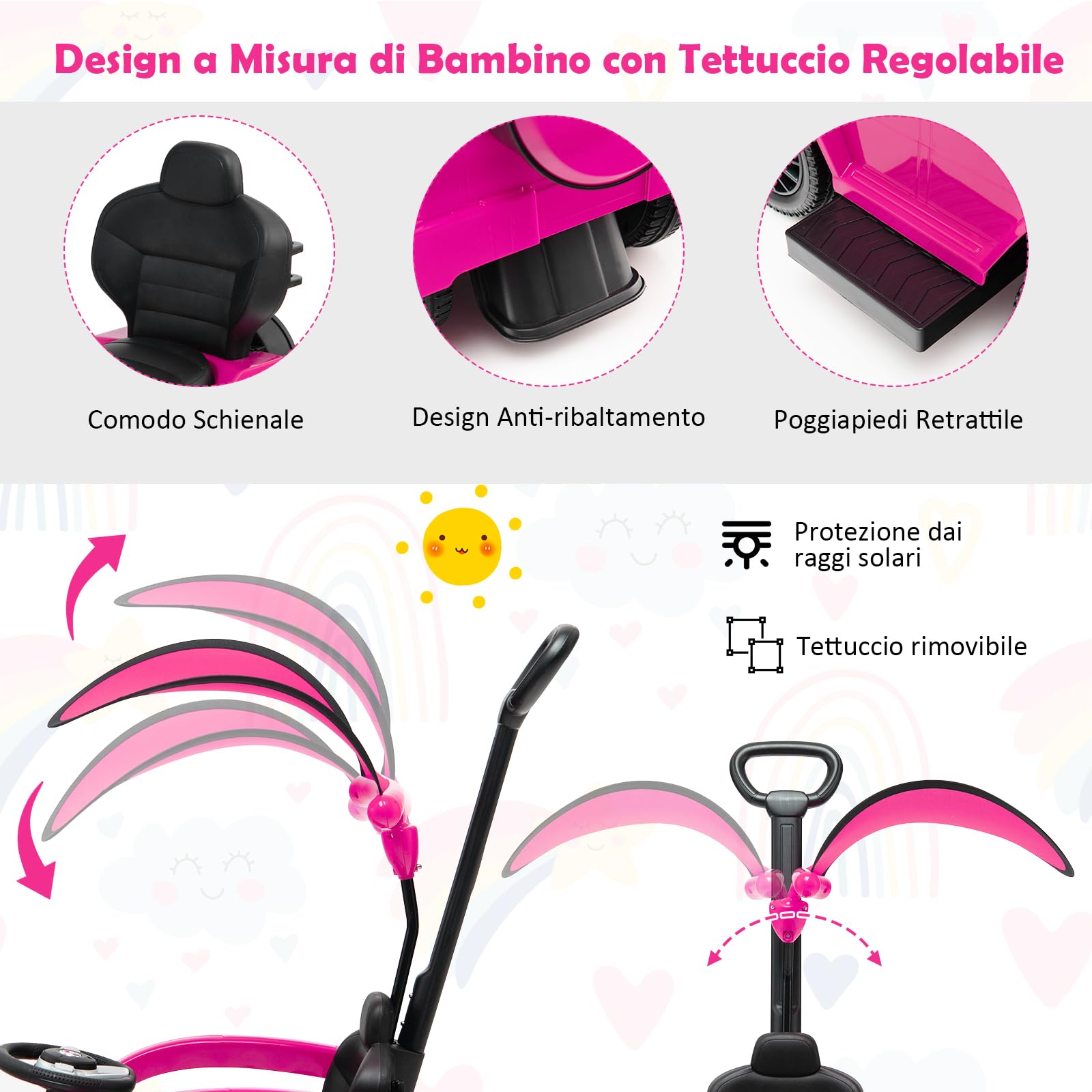 COSTWAY Auto a Spinta per Bambini, Macchina Cavalcabile a Spinta con Tettuccio Regolabile Maniglia per Genitori Paracolpi, Ideale per Bambini 12-36 Mesi (Rosa)