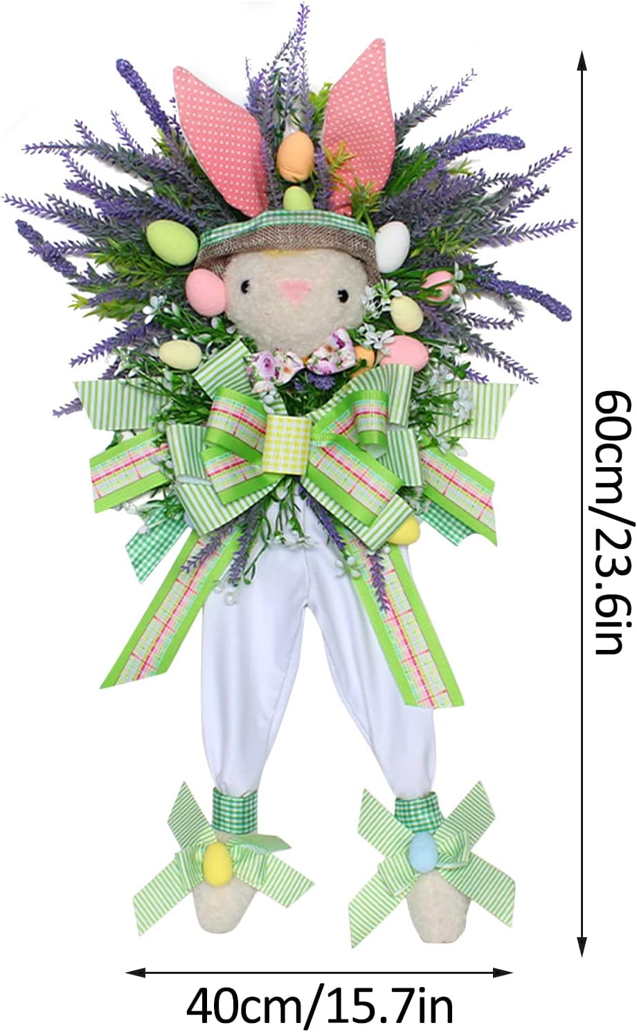 FQQWEE イースターリース、イースターバニーリース、緑の葉、イースターエッグ、リボン、イースタードアリース、イースターラビットリ