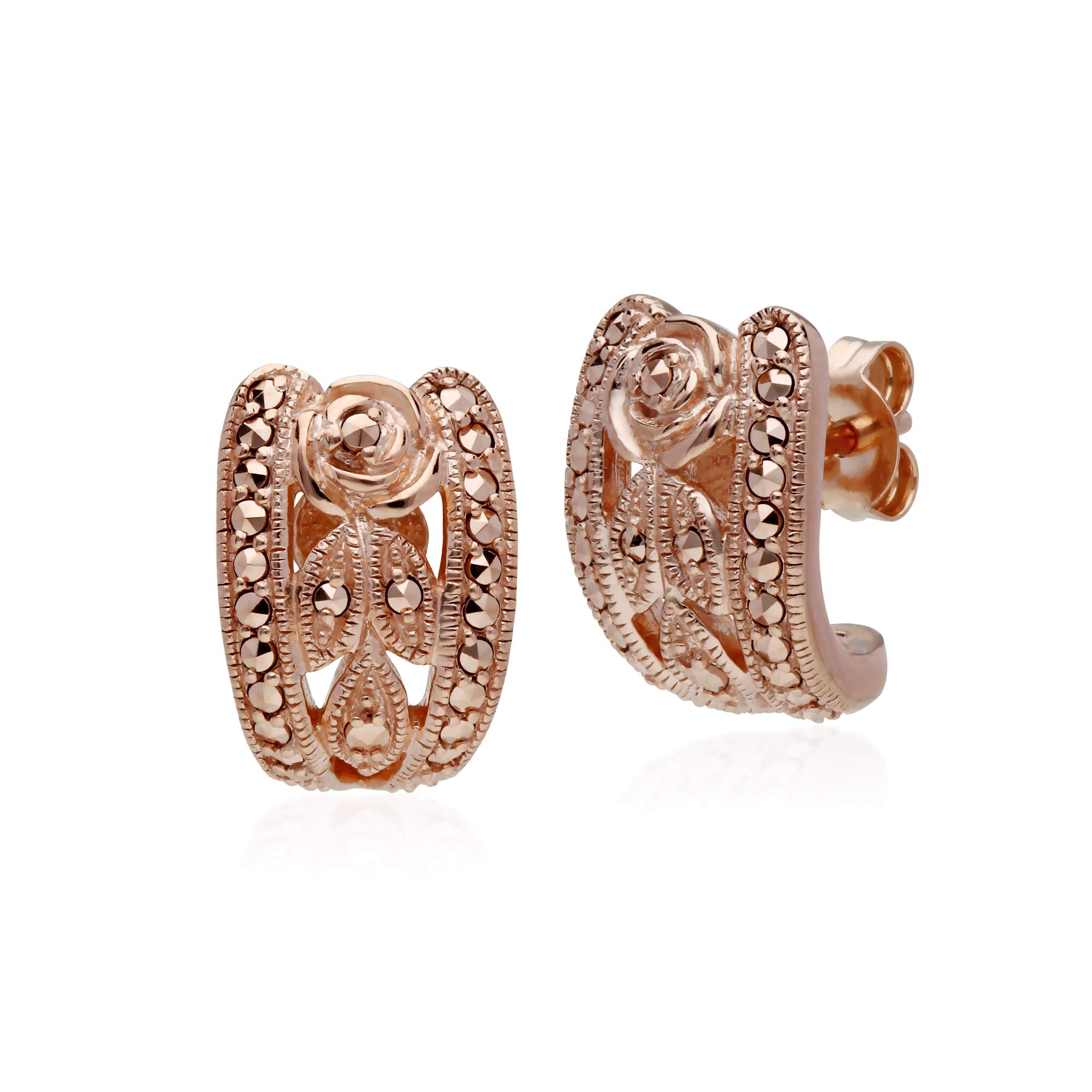 USA 925 Sterling Silver Rose Gold Plated Marcasite Flora Stud Earrings