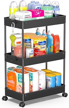 SPACEKEEPER Rolling Storage Cart 3 Tier Bathroom Cart Organizers with Wheels Laundry Room Organization Mobile Shelving Unit U