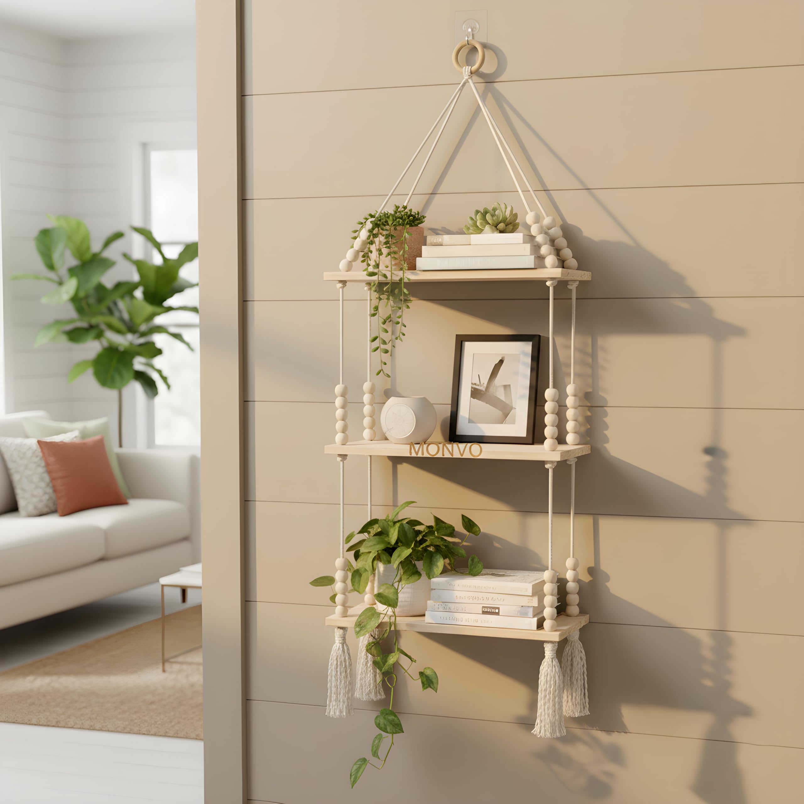 3-Tier Hanging Shelf with Wall Hook, Use Decor Plants, Books, Decorative Gift Items Nursery Livingroom Wooden Beads & Ring, Tassels Woven Bohemian-image-48