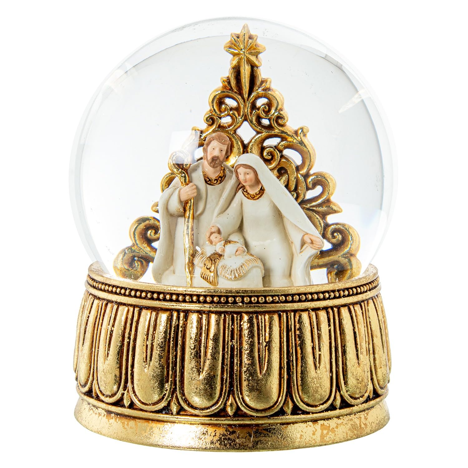 DRW Boule à Neige avec Figurine Nativité Musicale en résine à Corde en Blanc et doré 15 x 15 x 20 cm