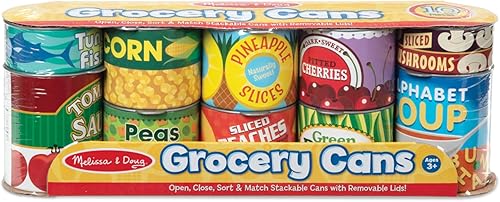 Miniatura 7 de Melissa & Doug, ¡Juguemos a la casa! Accesorios de cocina, Latas de comida, 10 latas apilables con tapas extraíbles