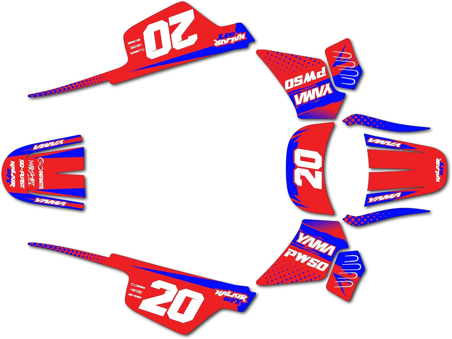 Graphics Kit for Yamaha PW50 (1980-2023) Spear Series Blue Red 16 Mil-Dirt Bike Custom Racing Graphics Decals Stickers Kit, no-Plastics