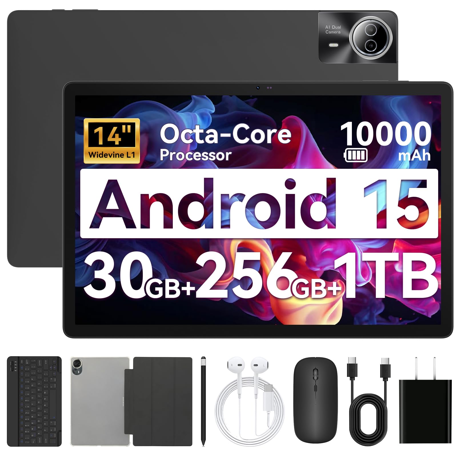 Tablet|14 inch Android 15 Tablet|30GB RAM 256GB ROM|1920 * 1200 IPS FHD|10000mAh 30W Fast Charging|Octa-core Processor|Wi-Fi 6, BT 5.4|Dual Camera with Keyboard|Mouse|Stylus|Case|Headphone