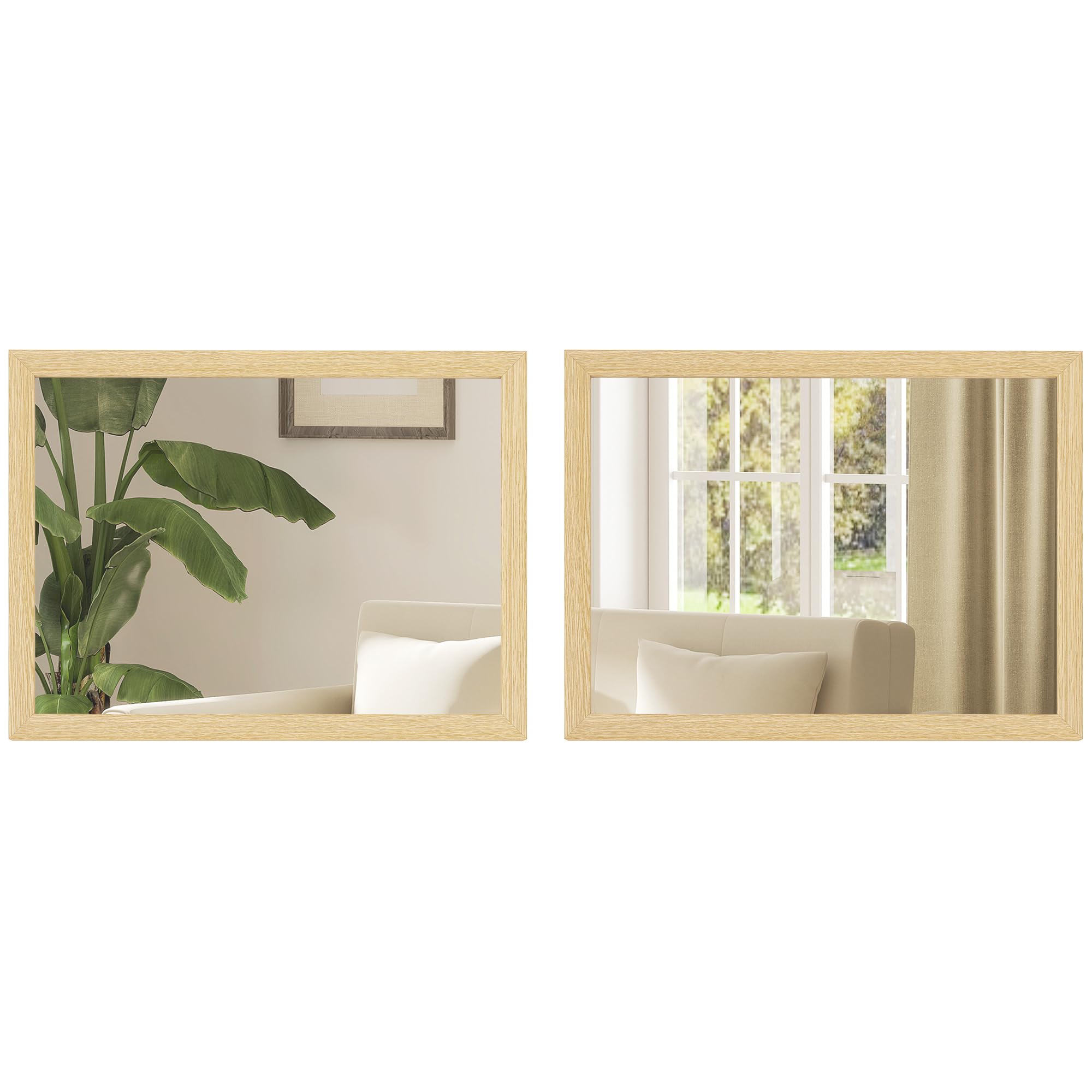 HOMCOM Decorative Rectangular Wall Mirror, 40 x 30 cm Wall-Mounted Bathroom Mirror for Living Room, Bedroom, Hallway, Set of 2, Natural Wood Finish