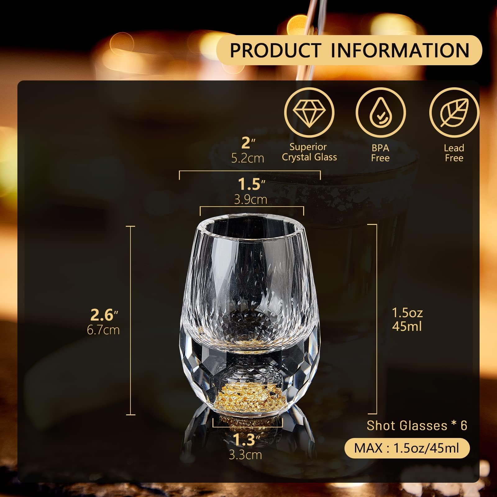 DUJUST Verres à Shot en Diamant 4cl(45ml), Ensemble de Verres à Liqueur en Cristal, Décorés d'or 24 Carats, Tasses Luxueuses et Mignonnes, sans BPA ni Plomb, Cadeau Parfait - 6 pièces