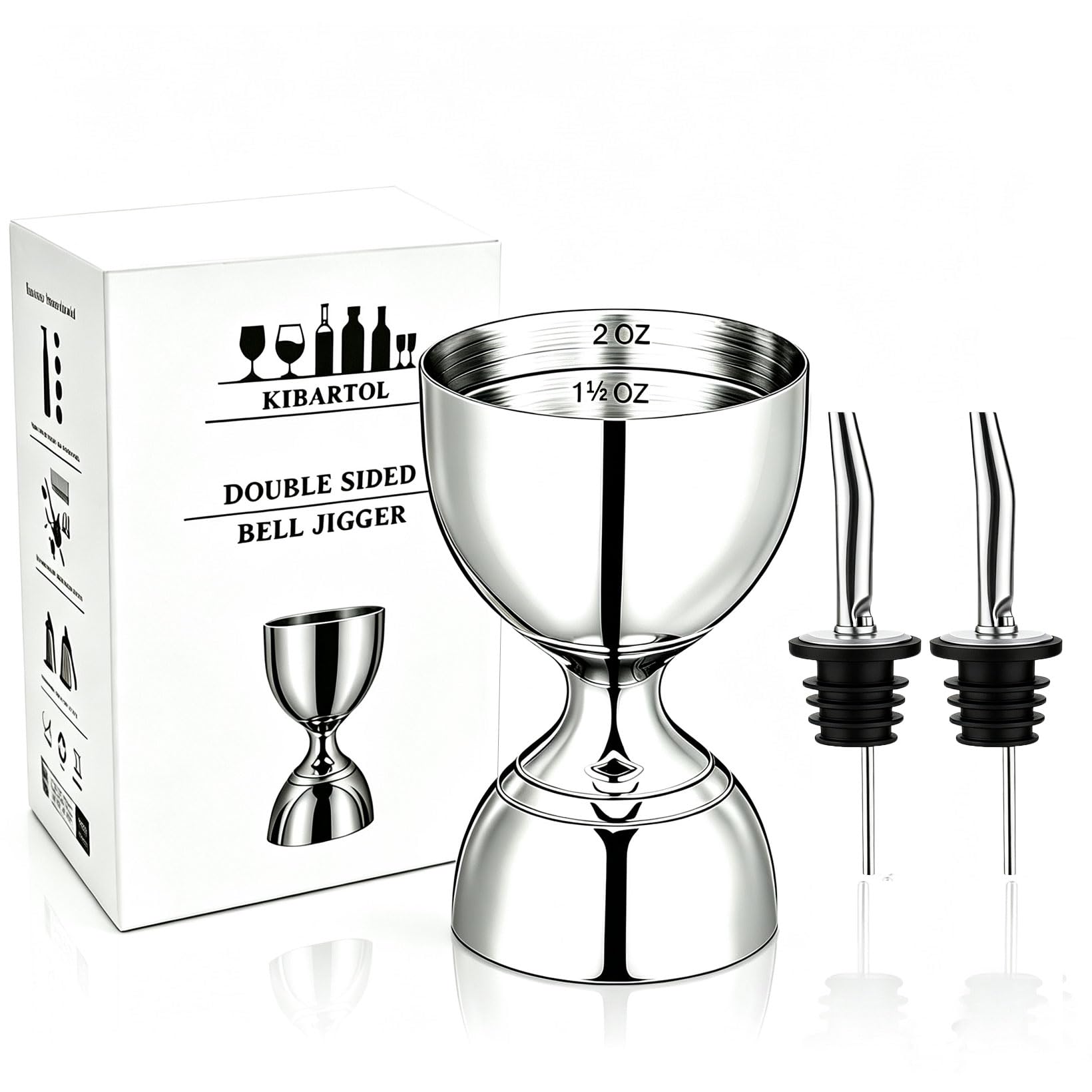 Jigger for Bartending, 2 oz 1 oz Bartender Jigger Stainless Steel, Double Cocktail Jiggers with Internal Measurements, Bar Tool for Bartending, Shot Drink Measurer for Cocktails(1Jigger - 2 Pourers)