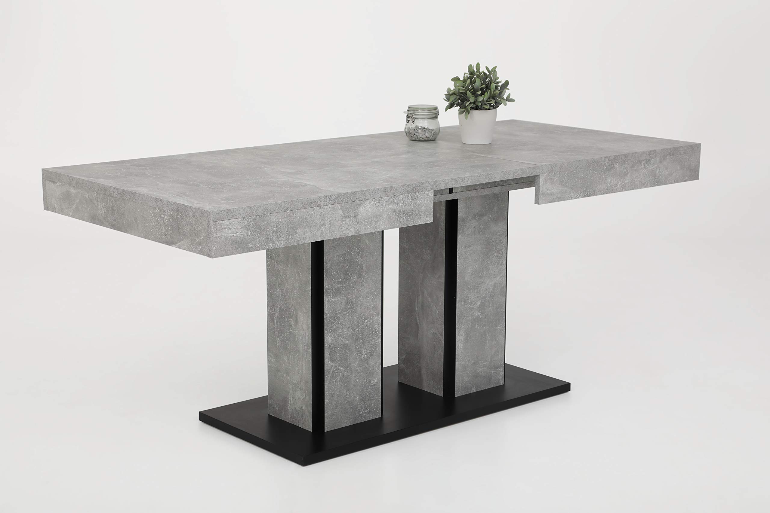 Hela Tische, Rose - Tavolo a colonna per sala da pranzo, prodotto in legno derivato rivestito in melamina, effetto cemento, 2 gambe a colonna e piastra base, allungabile, 140-180 x 80 cm