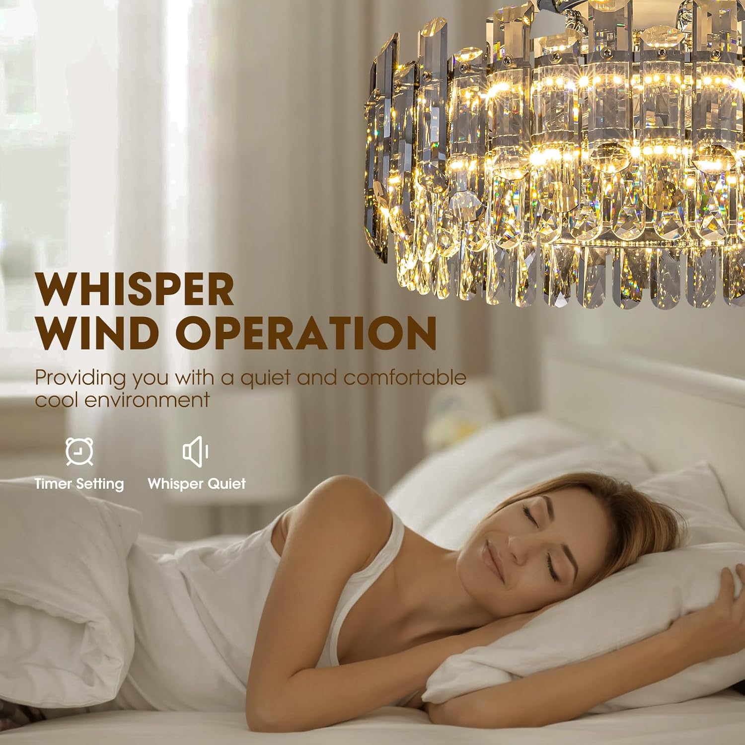 Crystal Ceiling Fan with Lights, Modern Chandelier Ceiling Fan with Remote, 6-Speed Wind, Dimmable LED, 20” Low Profile Ceiling Fan for Bedroom Dining Room Living Room