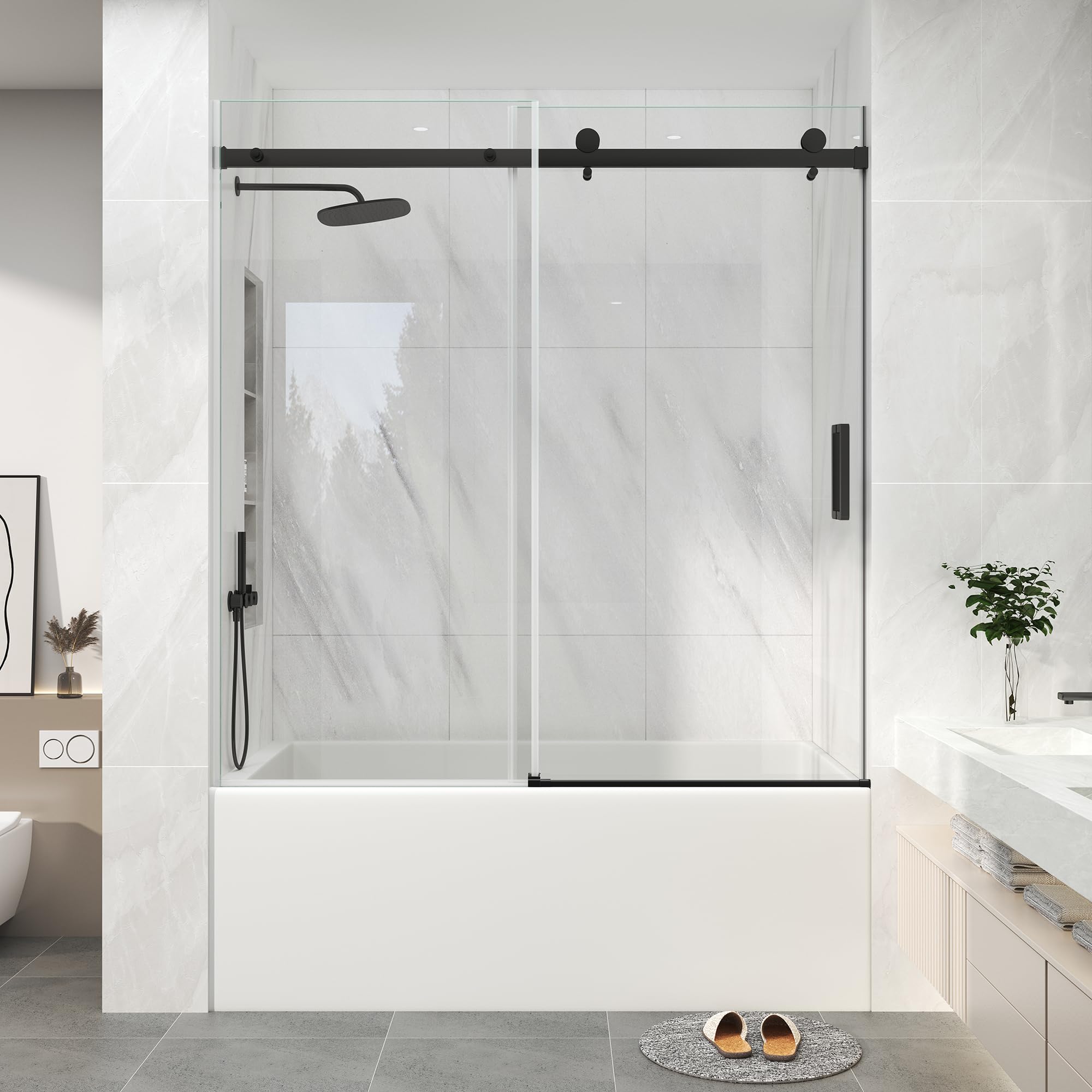 KPUY frameless sliding bathtub door matte black