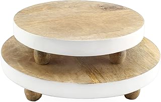 AuldHome Farmhouse Round Wooden Risers (Set of 2), Rustic Decorative Risers for Display with Natural Mango Wood and Enamel Trim