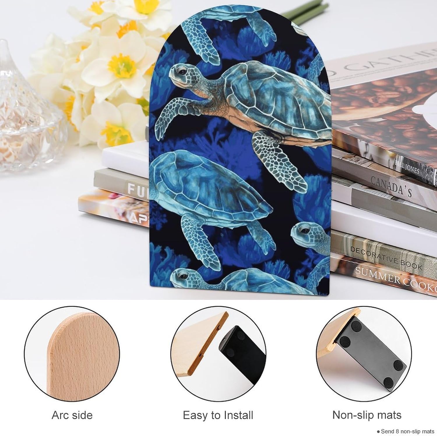 Blue Sea Turtle Heavy Duty Wooden Bookend Non-Slip Book Ends image 4