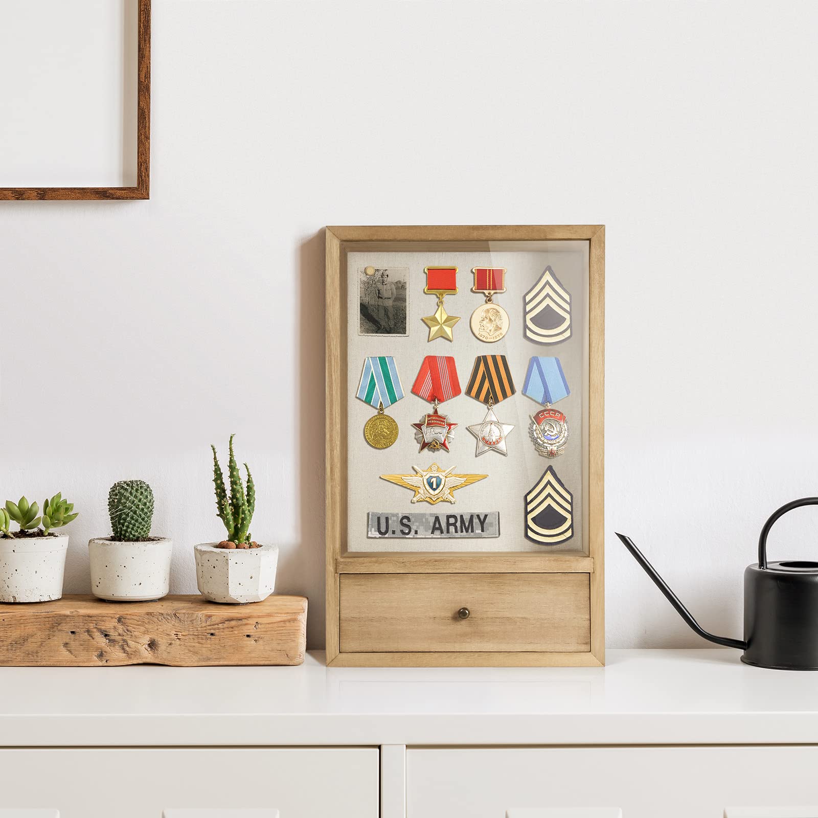 TJ.MOREE Deep Shadow Box Frame with Drawer, Shadowbox Display Case with Glass Window Picture Frame Memorabilia Bouquet Medals Military Photos Memory Box for Keepsakes