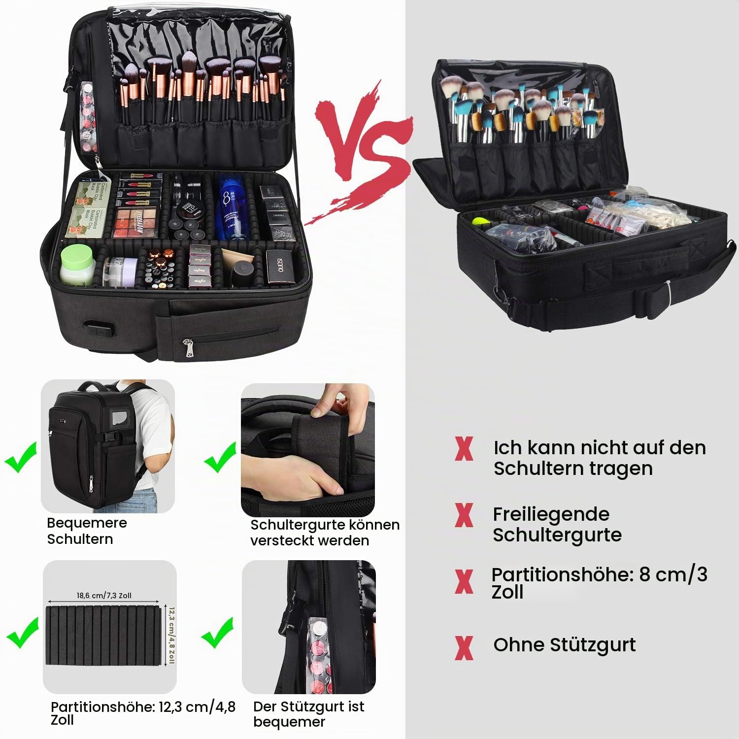Relavel Kosmetiktasche Portable Reise Make Up Tasche, Large Professionelle Makeup Organizer Reisezug-Koffer Aufbewahrungstasche, mit verstellbarem Riemen und Trennwänden