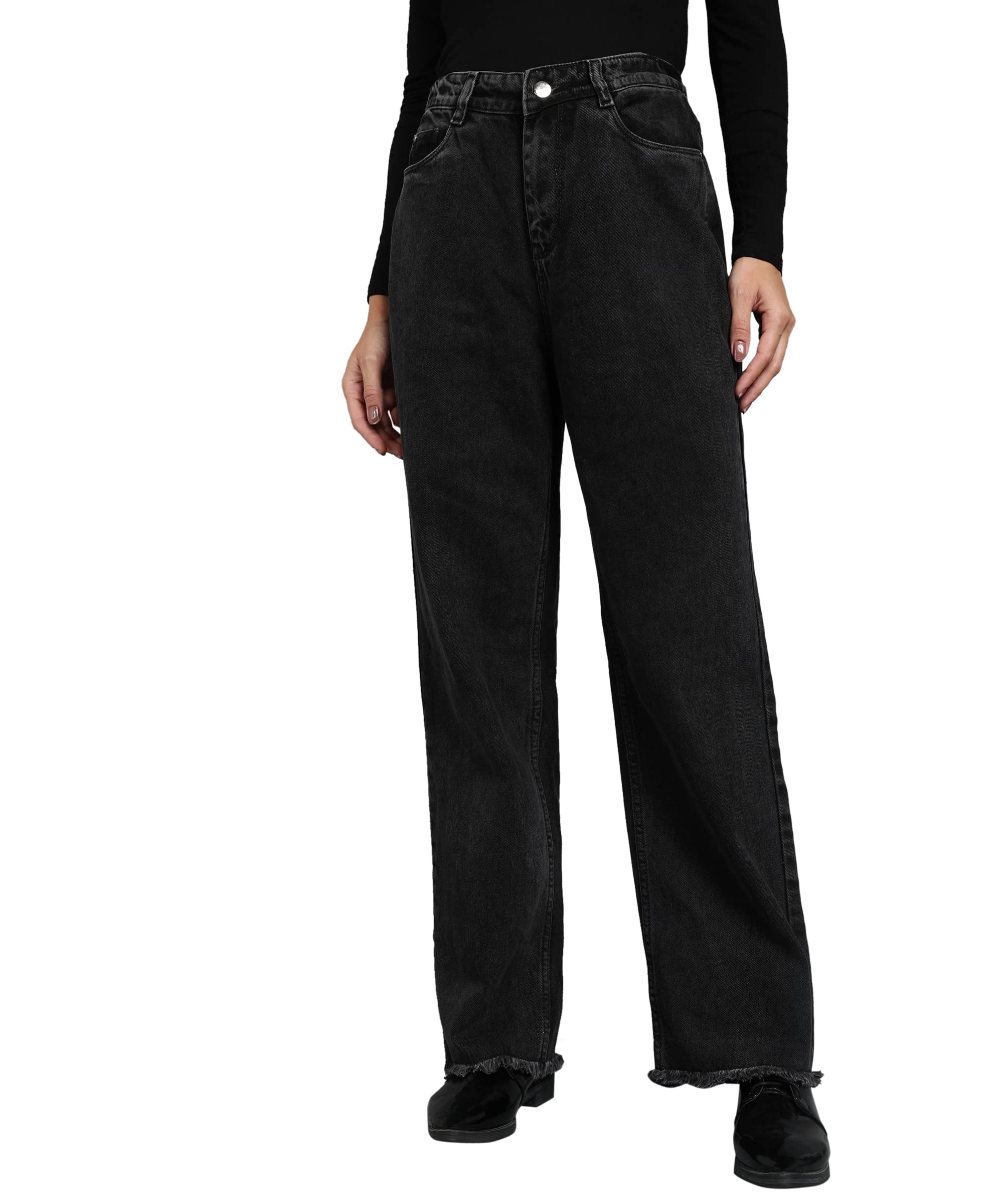 Urbano FashionWomen's Black Regular Fit Wide Leg Washed Jeans