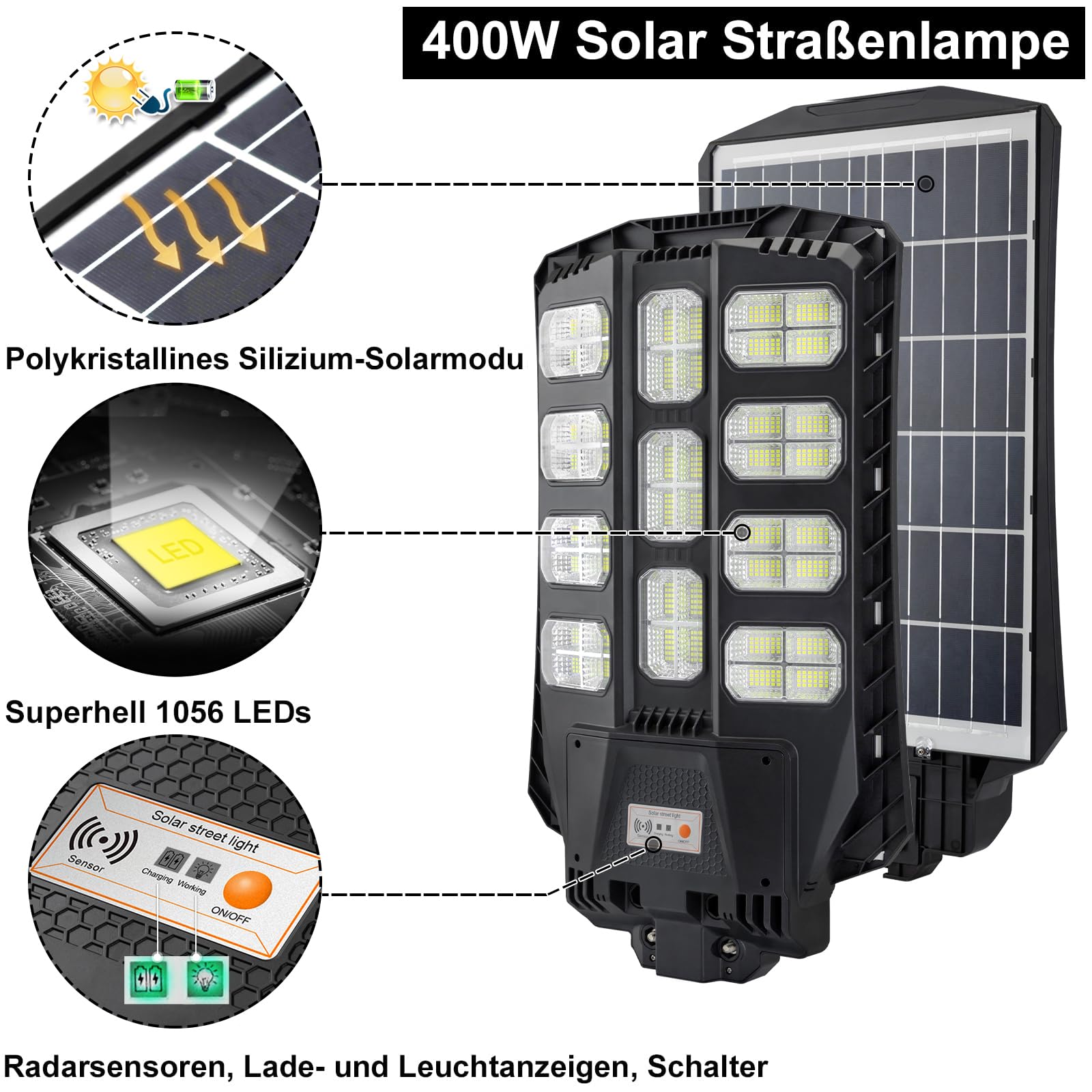 UISEBRT Lampada da strada a LED solare da 400 W, con telecomando, per esterni, lampada da strada, solare con sensore di movimento, IP65, impermeabile, luce solare per esterni, luce bianca fredda