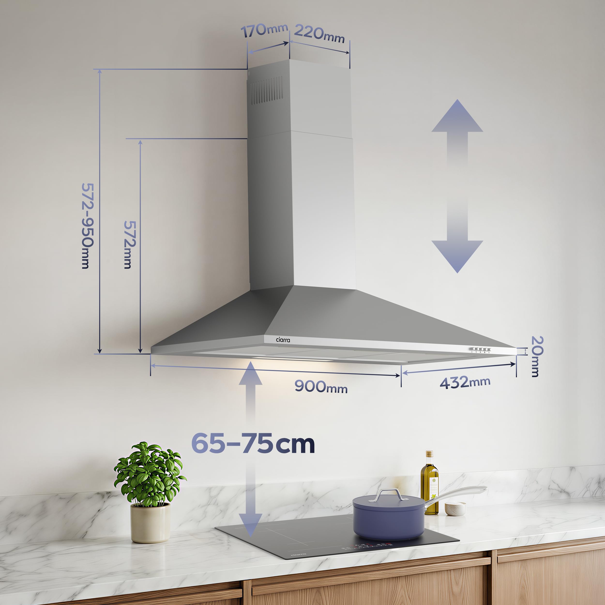 CIARRA Campana de Pared 90cm 380m³/h Campana Extractora Clase A Plateado | 3 Velocidades de Extracción -Luz LED - Acero Inoxidable Sin Carbón Activado