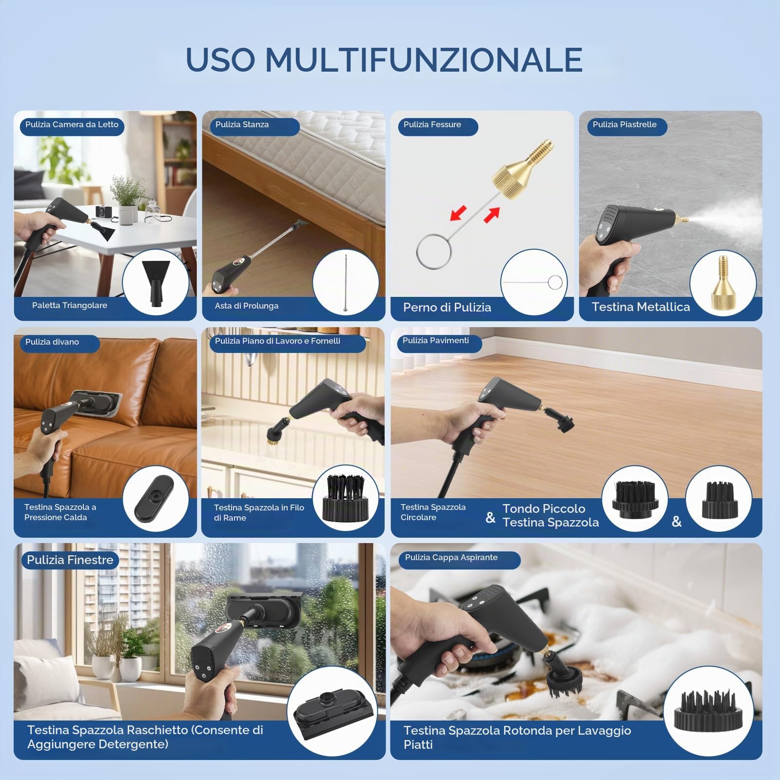 Pulitore a Vapore, 2500W Pulitore a Vapore Alta Pressione Portatile con Serbatoio 1700ml, Tempo Riscaldamento 15 Secondi, 6 Livelli Vapore per Cucina, Bagno, Divano, Auto, Pavimenti