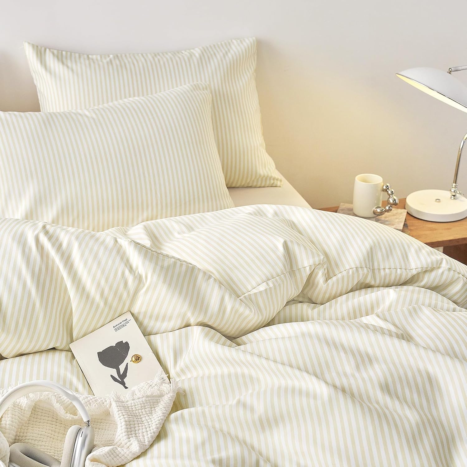 Wake In Cloud - Striped Comforter Set, Ticking Stripe Vertical Pinstripe Neutral Farmhouse Pattern Printed, Soft Lightweight Bedding, 3 Pieces, Yellow Beige White, Queen Size