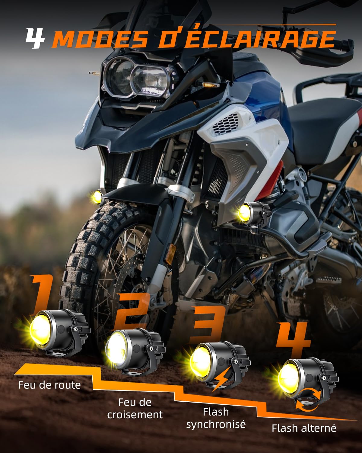CO LIGHT Feux Additionnels Moto LED 90W 30000LM Gen 3 Faisceau Longue Portée Blanc Ambre Modes Stroboscope Sécurité Nuit Pluie Route IP68 Résistant aux Chocs Installation Facile Kit 2 Pièces