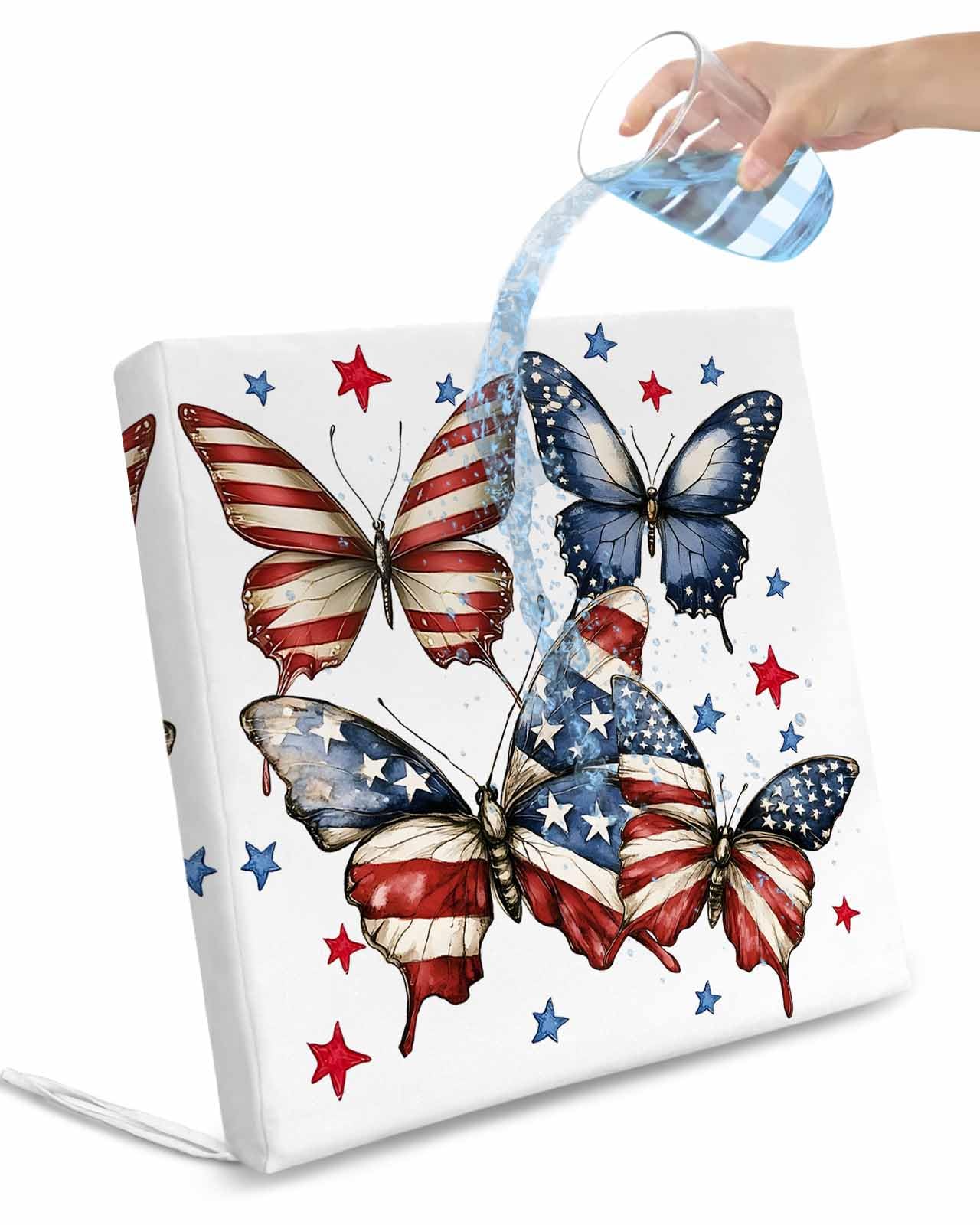 2 Pack Independence Day Waterproof Cushion Covers with Ties, Outdoor Patio Chaise Lounge Chair Seat Cushion Slip Covers Replacement(Only Cover) 4th of July American Flag Butterfly 22