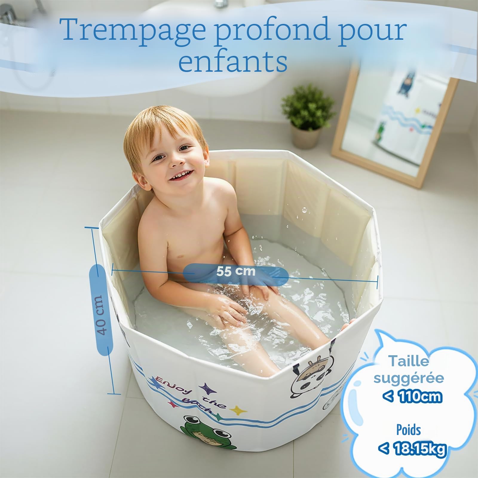 Baignoire Portable Pliable pour Enfants 1-5 Ans WAVYEASE Design Profond Installation Rapide