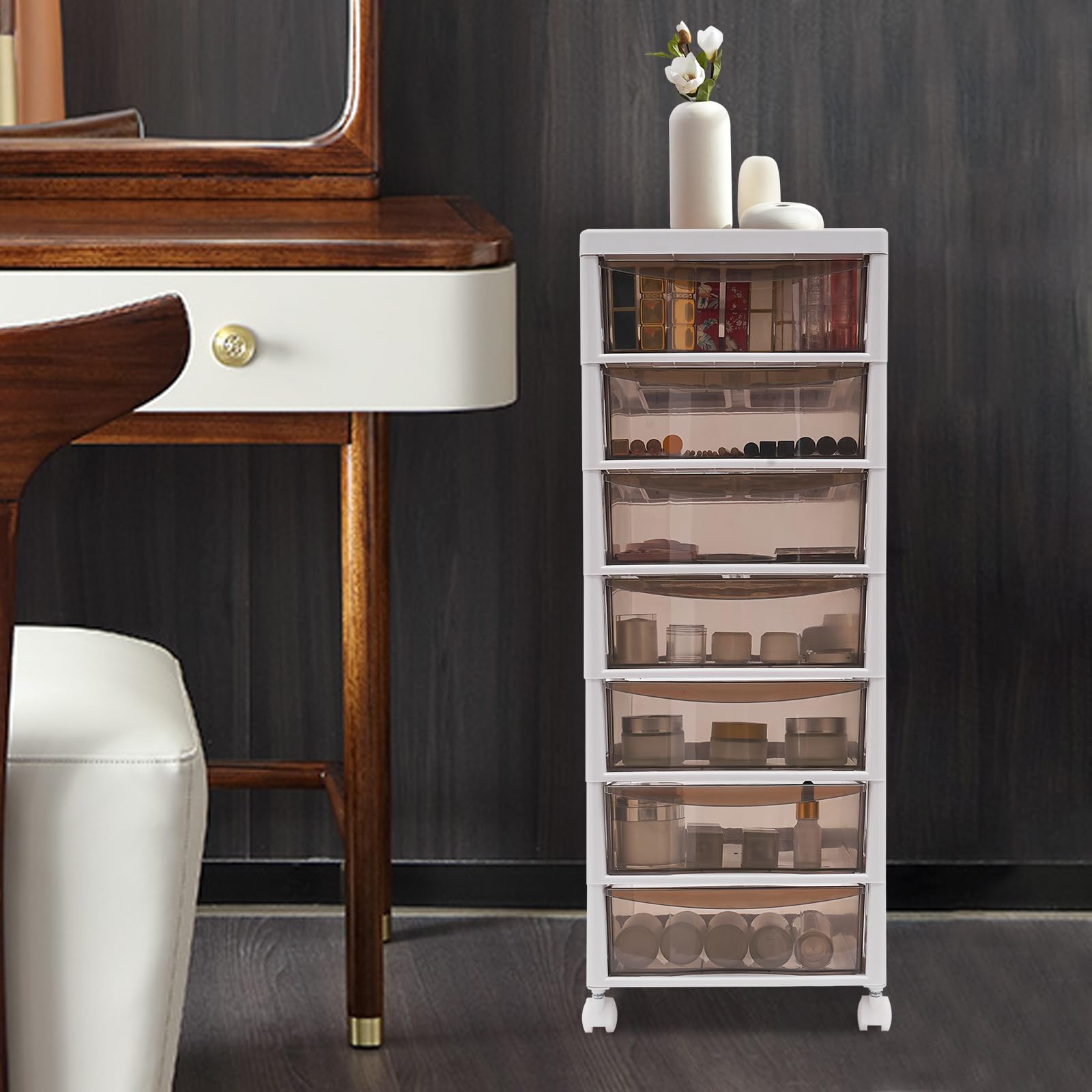 Schubladenbox aus Kunststoff, Aufbewahrungsschrank Schubladen Box Kosmetik Büroorganizer Rollcontainer Unter-Schreibtisch-Schublade, Modernes Design für Home Office und Schlafzimmer (8 Tier)